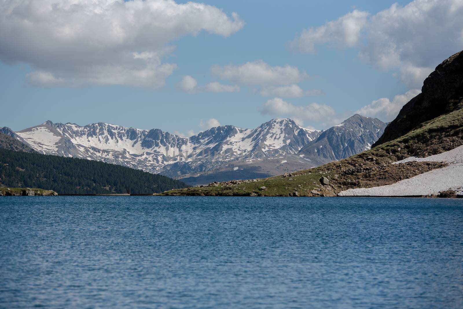 Beautiful Querol Lake in the mountain refuge in the Incles Valley, Canillo, Andorra.