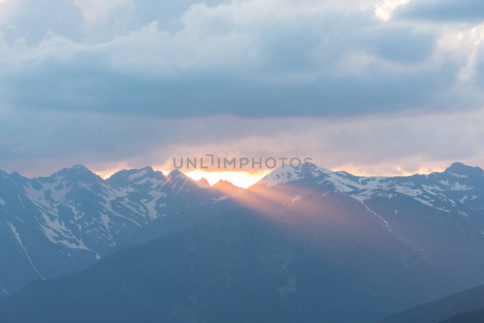 Magical sunset in the mountains of the Pyrenees in Canillo, Andorra.