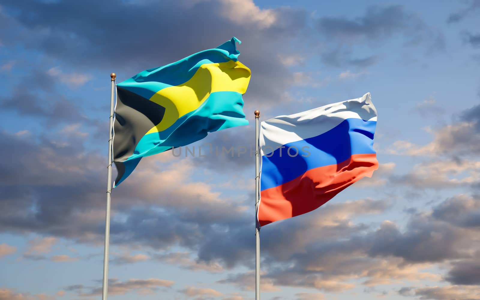 Beautiful national state flags of Russia and Bahamas together at the sky background. 3D artwork concept. 
