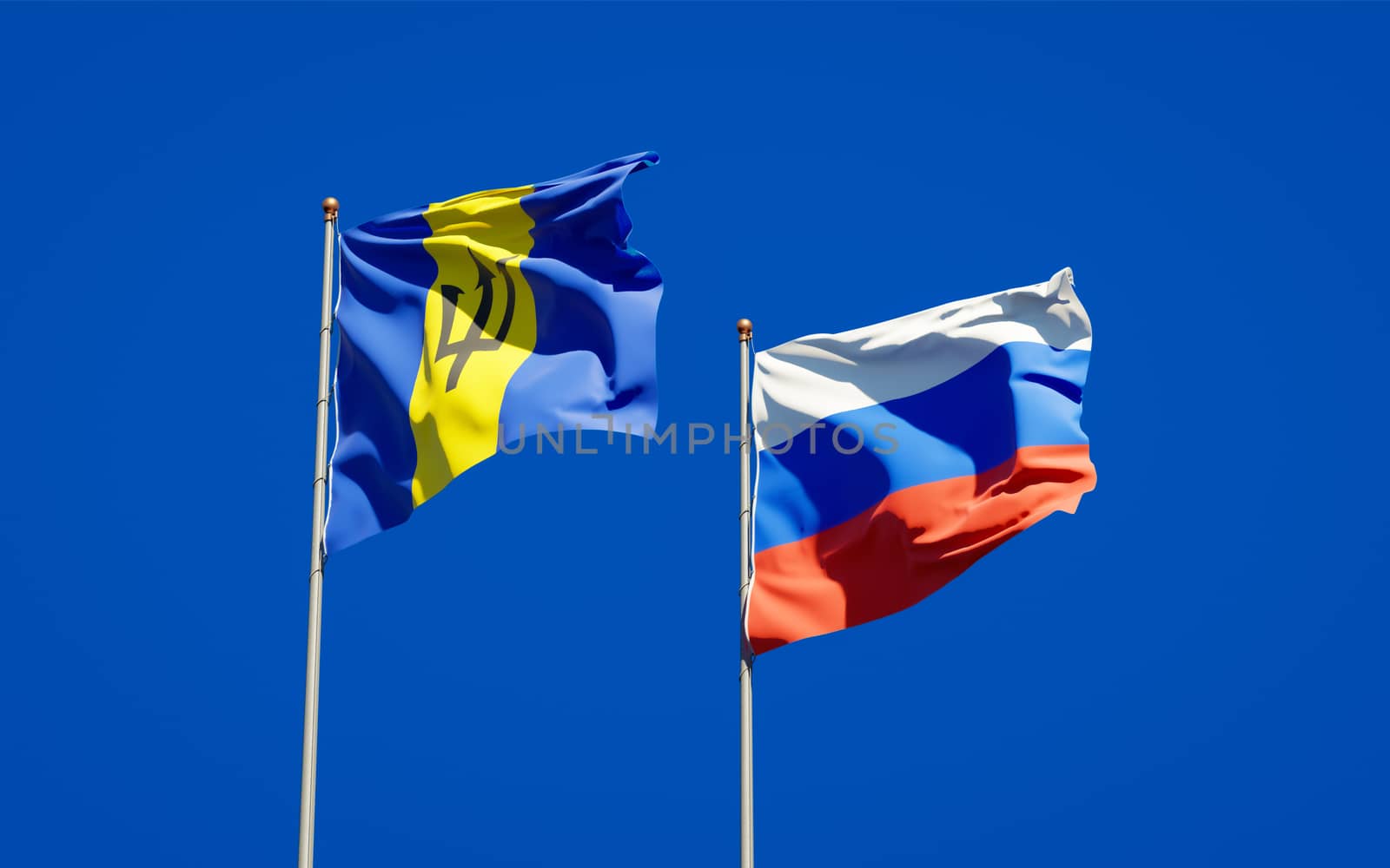 Beautiful national state flags of Russia and Barbados together at the sky background. 3D artwork concept. 