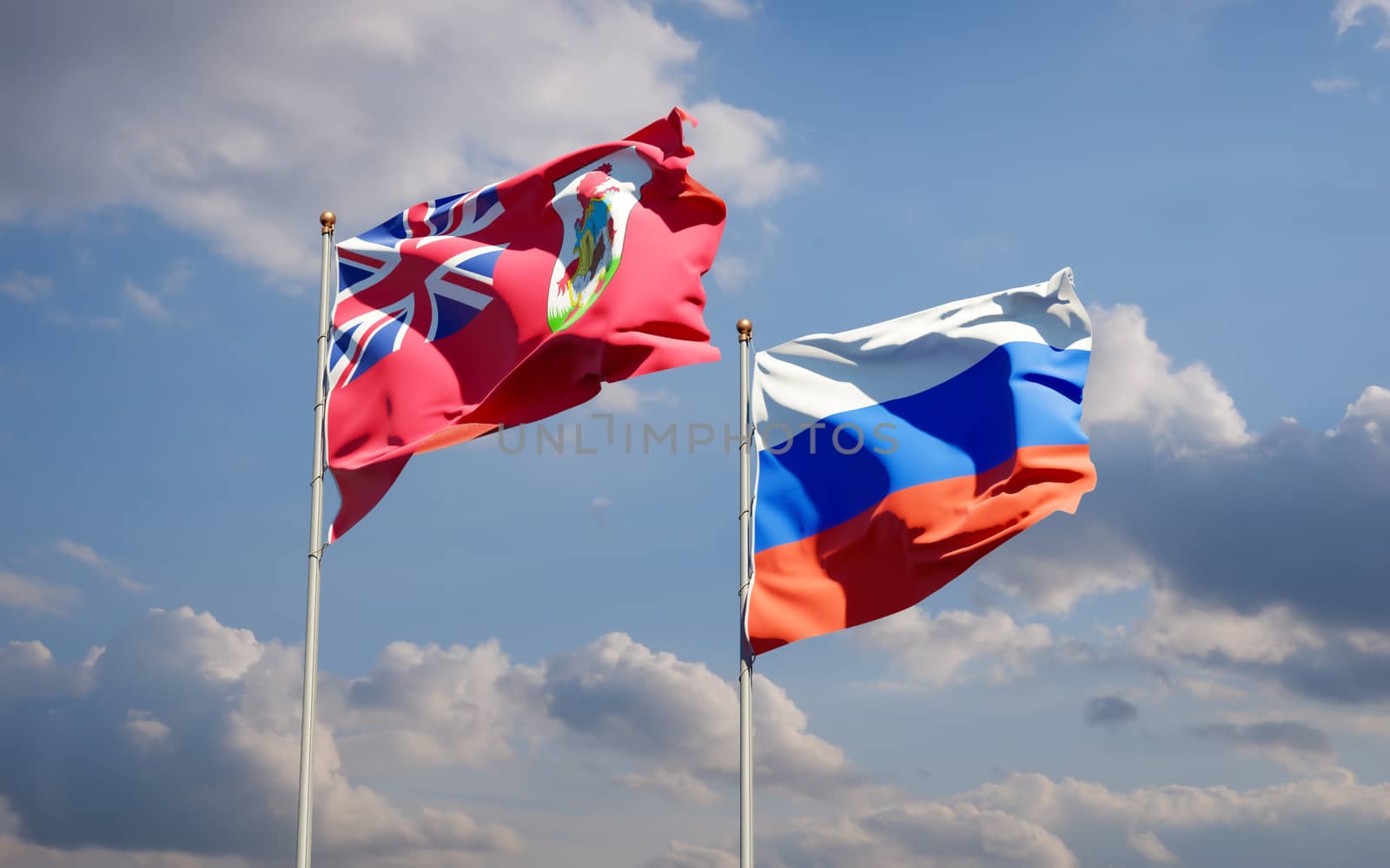 Beautiful national state flags of Russia and Bermuda together at the sky background. 3D artwork concept. 