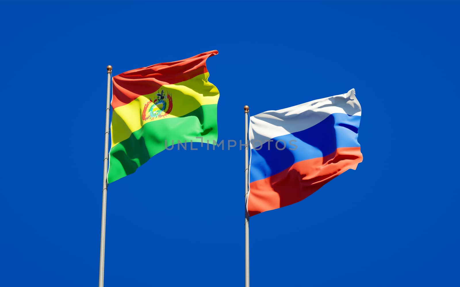 Beautiful national state flags of Russia and Bolivia together at the sky background. 3D artwork concept. 