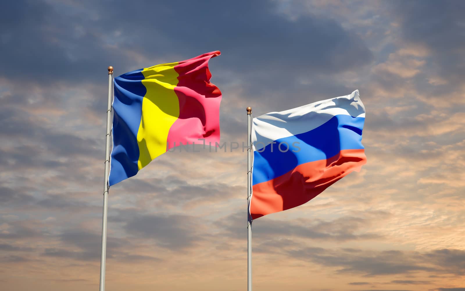 Beautiful national state flags of Russia and Chad together at the sky background. 3D artwork concept. 