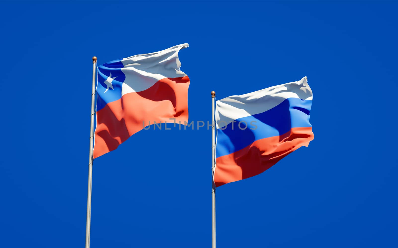 Beautiful national state flags of Russia and Chile together at the sky background. 3D artwork concept. 