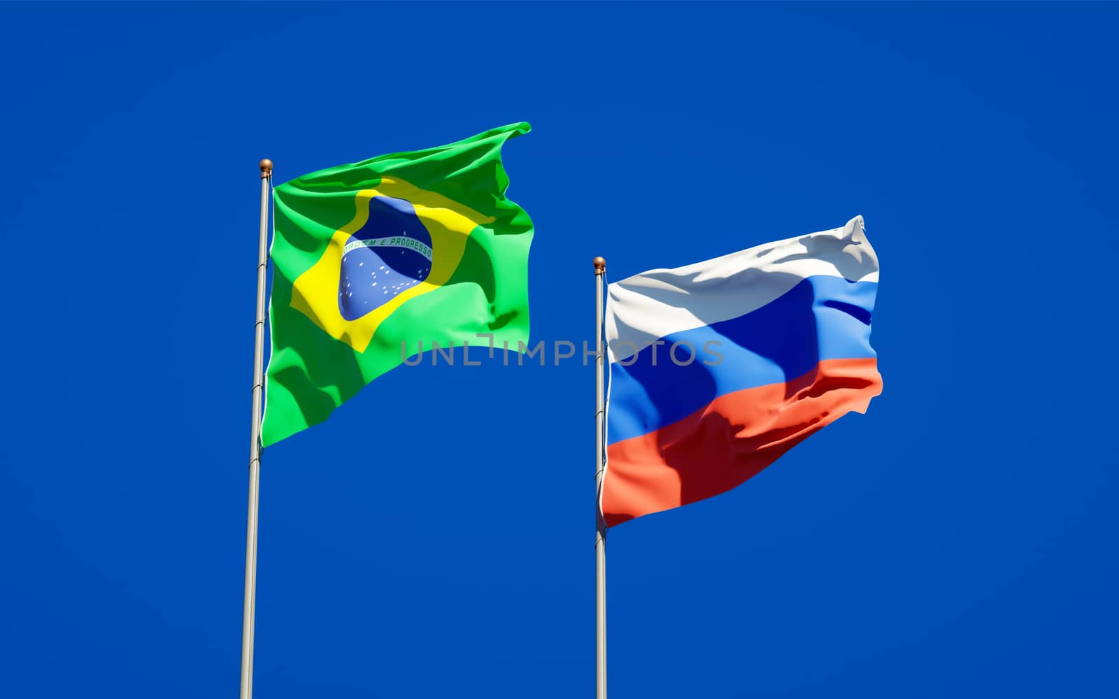 Beautiful national state flags of Brazil and Russia together at the sky background. 3D artwork concept. 