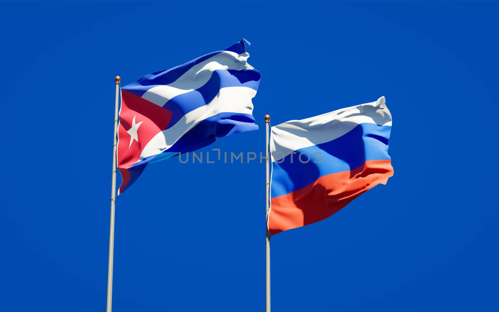 Beautiful national state flags of Russia and Cuba together at the sky background. 3D artwork concept. 