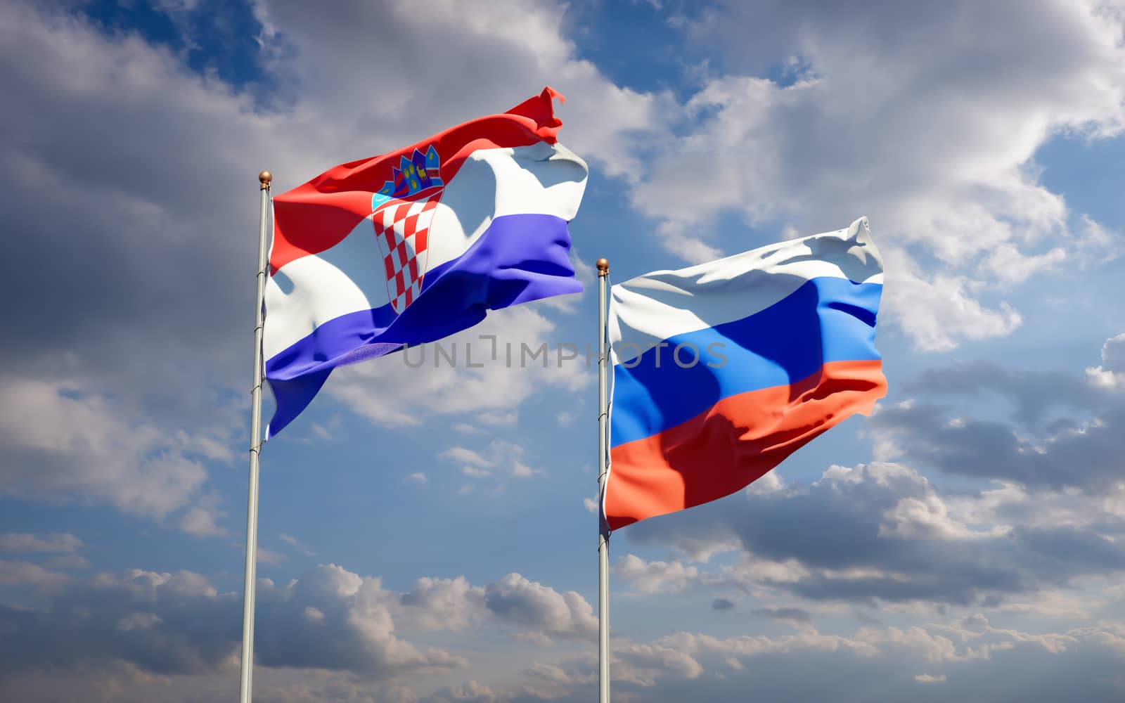 Beautiful national state flags of Russia and Croatia together at the sky background. 3D artwork concept. 