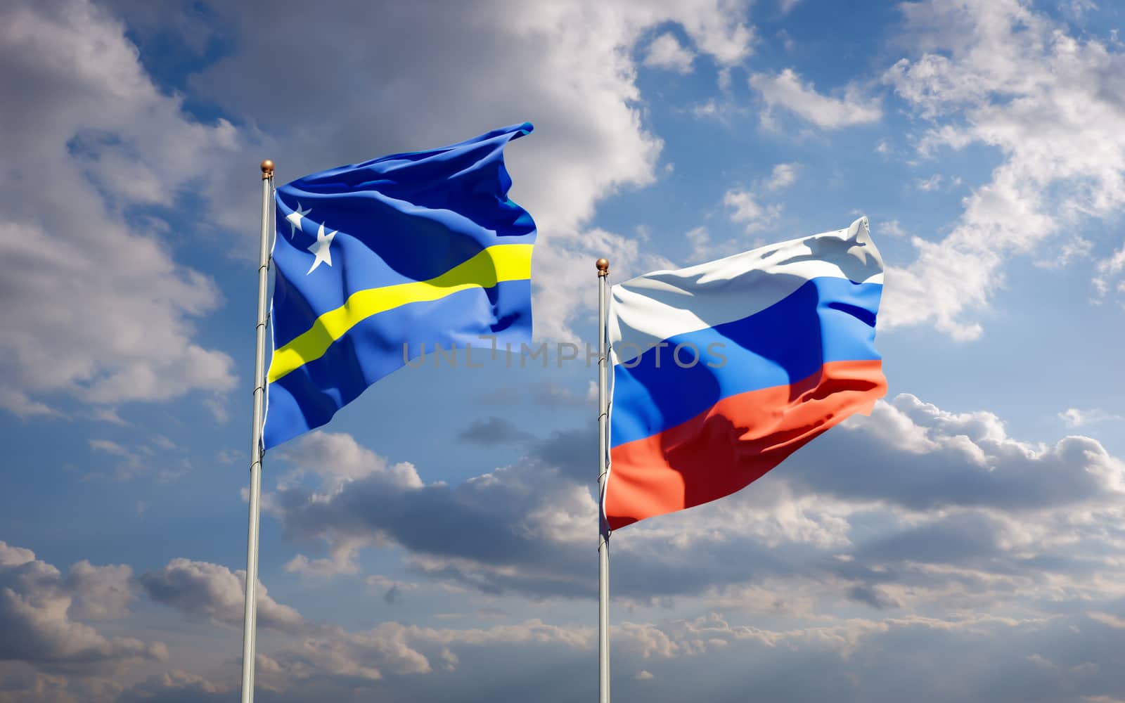 Beautiful national state flags of Russia and Curacao together at the sky background. 3D artwork concept. 