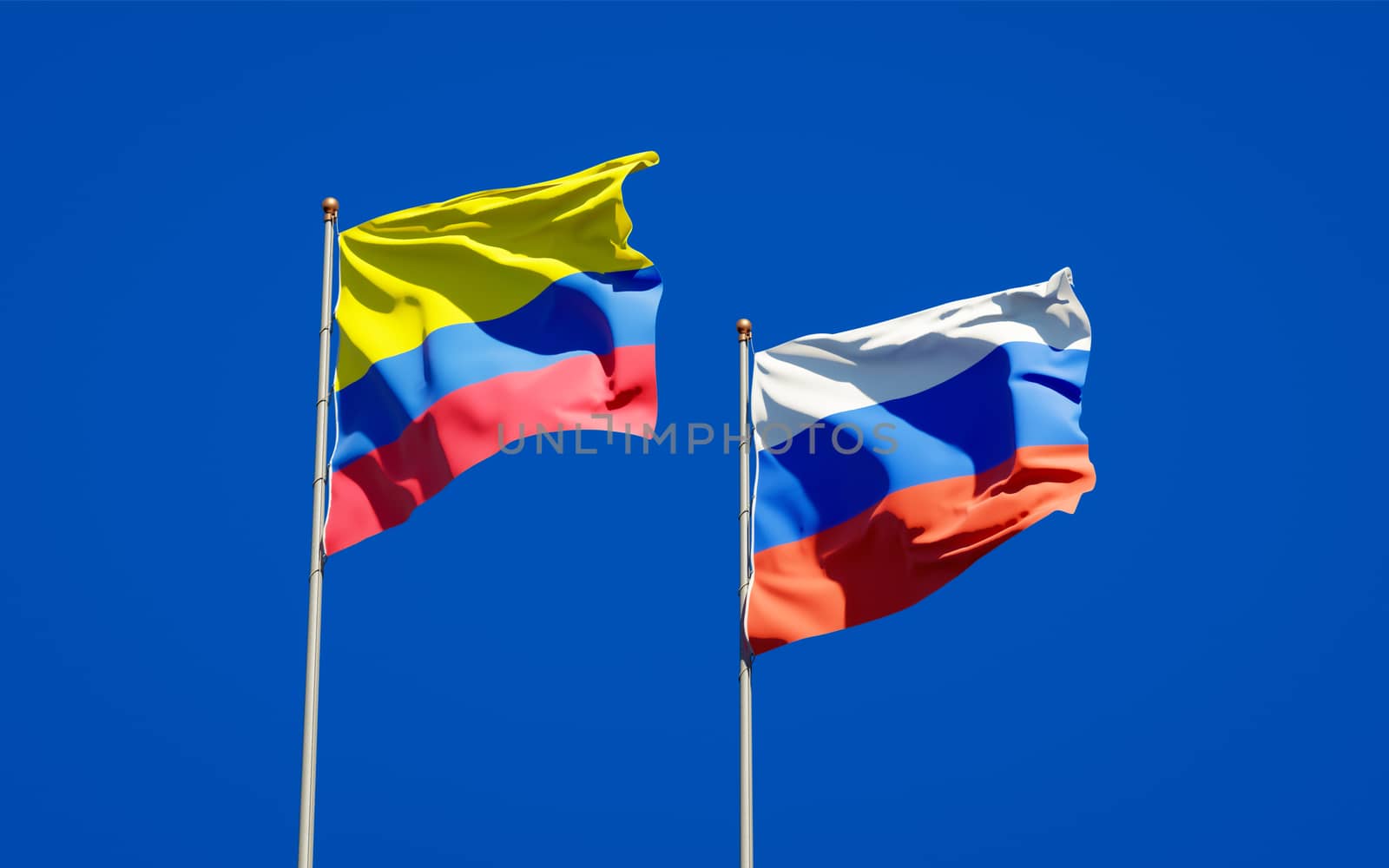 Beautiful national state flags of Russia and Colombia together at the sky background. 3D artwork concept. 