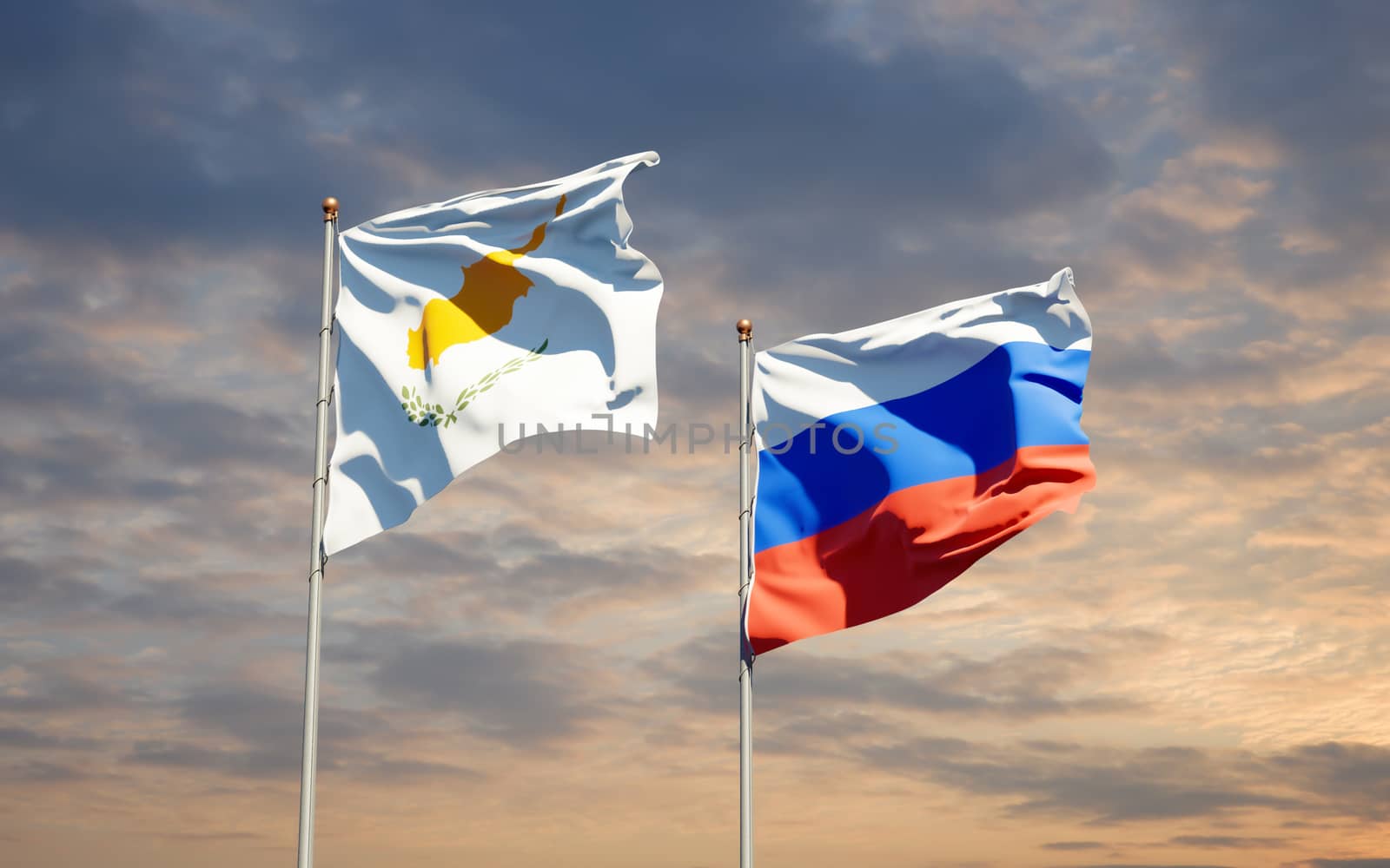 Beautiful national state flags of Russia and Cyprus together at the sky background. 3D artwork concept. 