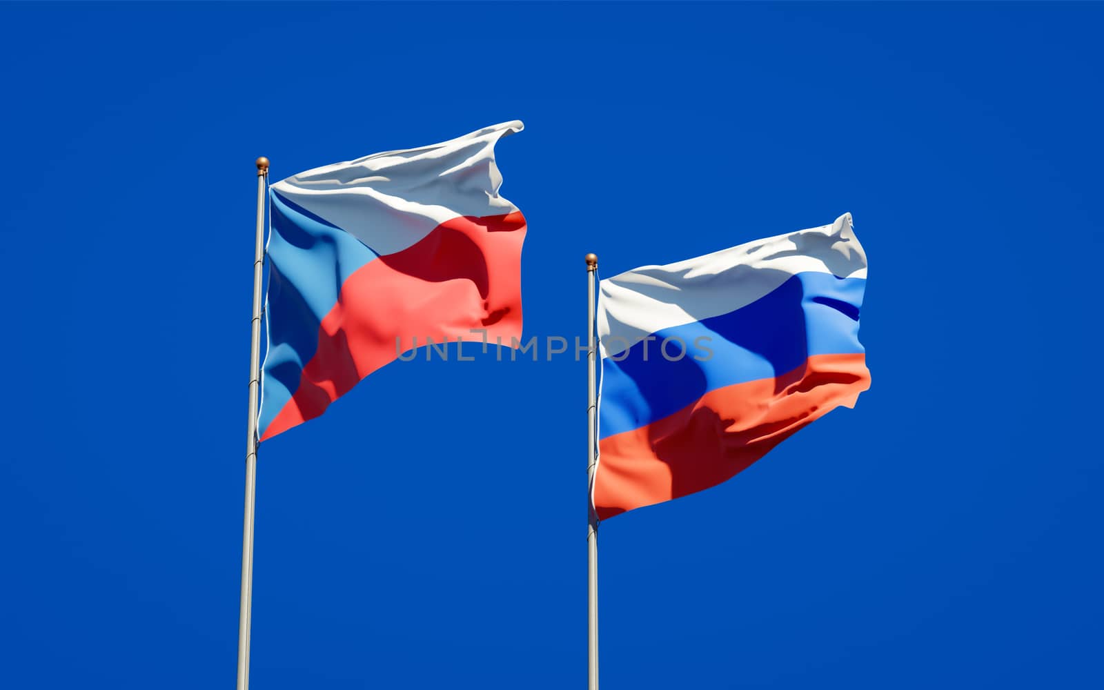 Beautiful national state flags of Russia and Czech together at the sky background. 3D artwork concept. 