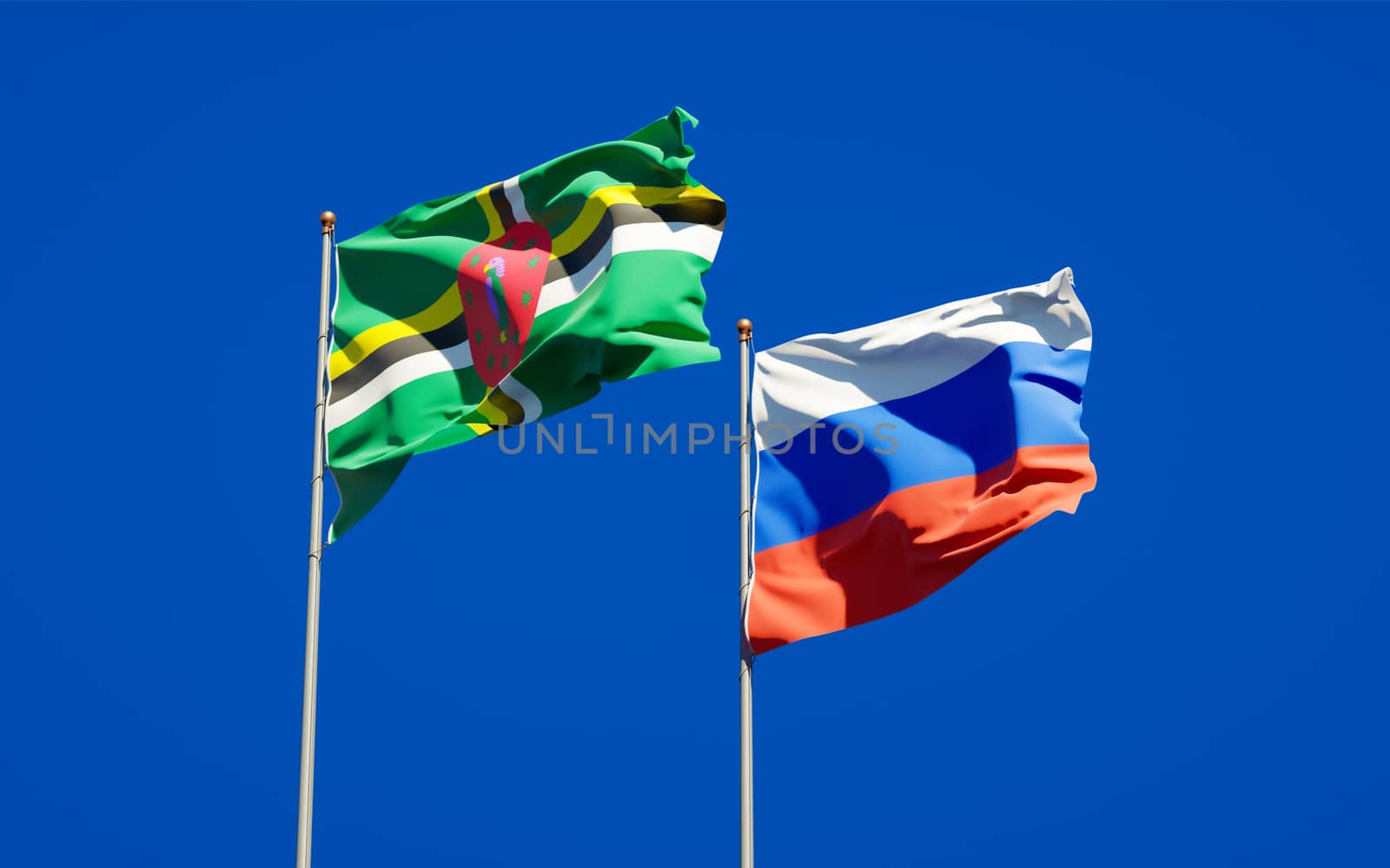 Beautiful national state flags of Russia and Dominica together at the sky background. 3D artwork concept. 