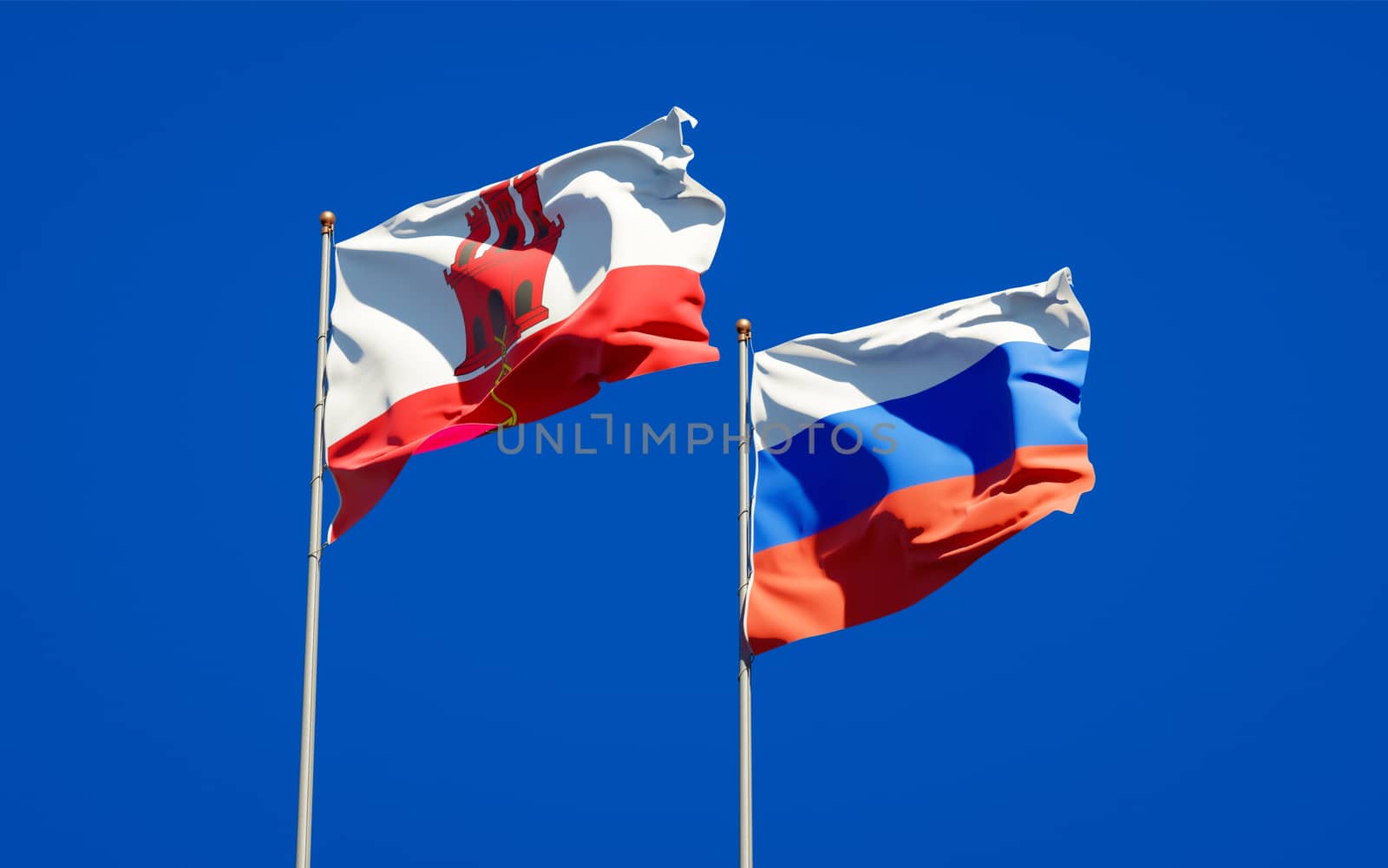Beautiful national state flags of Gibraltar and Russia together at the sky background. 3D artwork concept. 