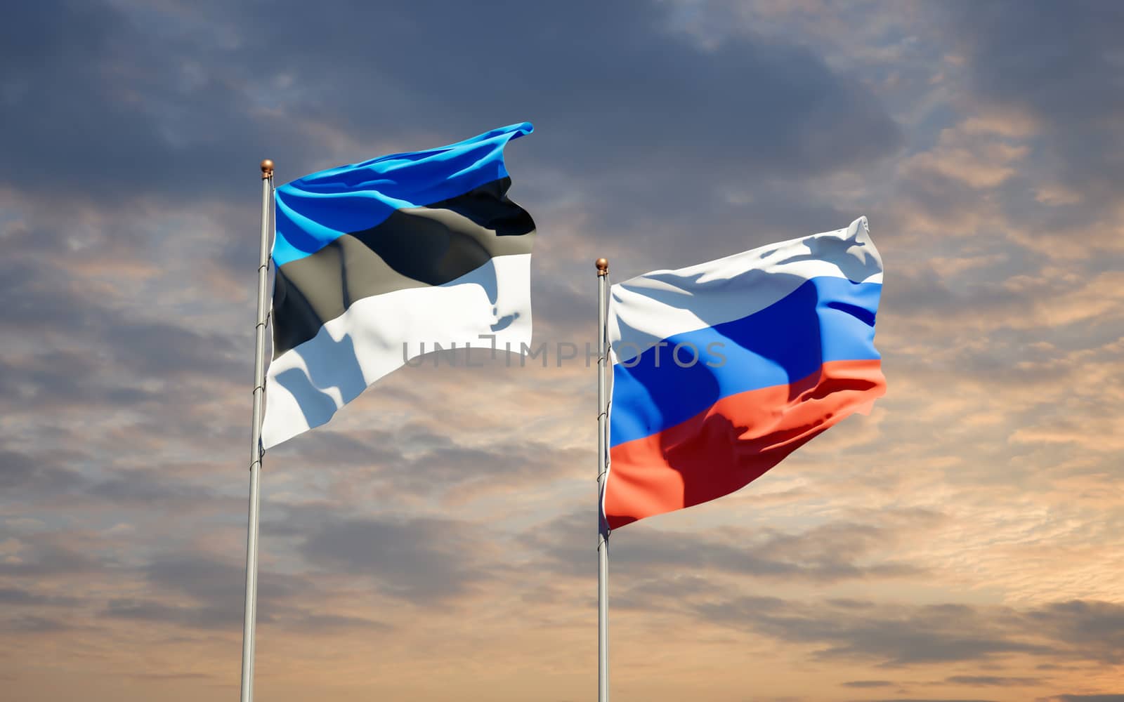 Beautiful national state flags of Russia and Estonia together at the sky background. 3D artwork concept. 