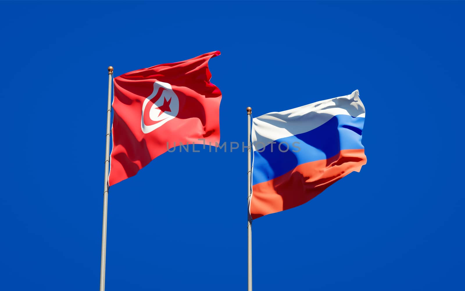 Beautiful national state flags of Tunisia and Russia together at the sky background. 3D artwork concept. 