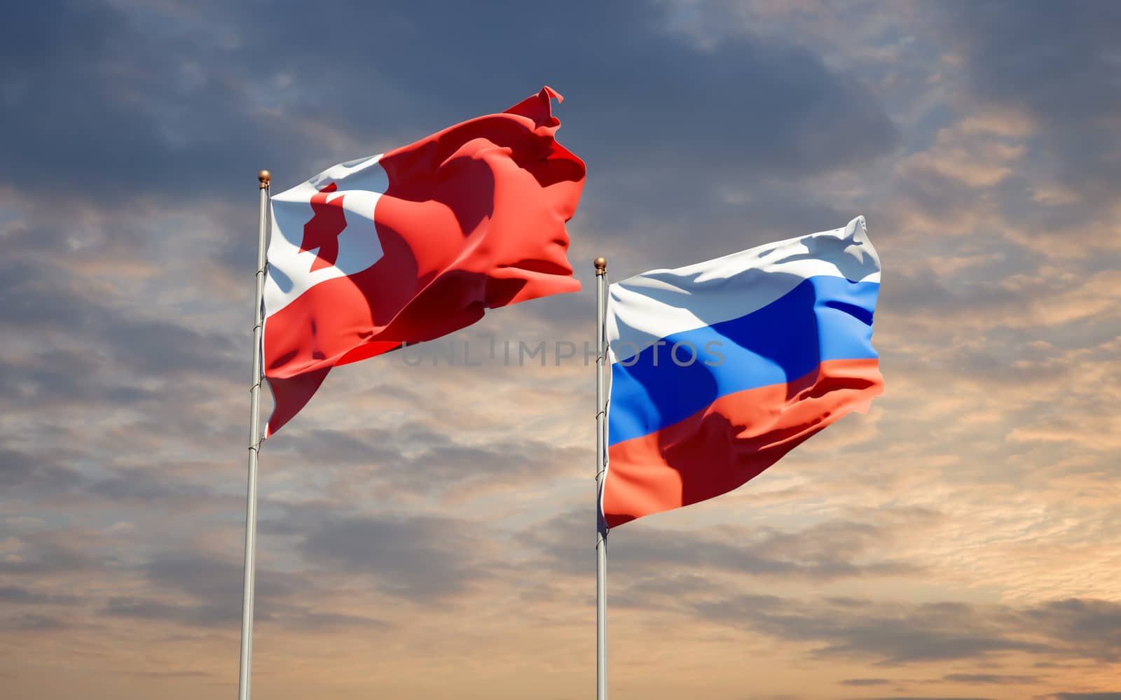 Beautiful national state flags of Tonga and Russia together at the sky background. 3D artwork concept. 