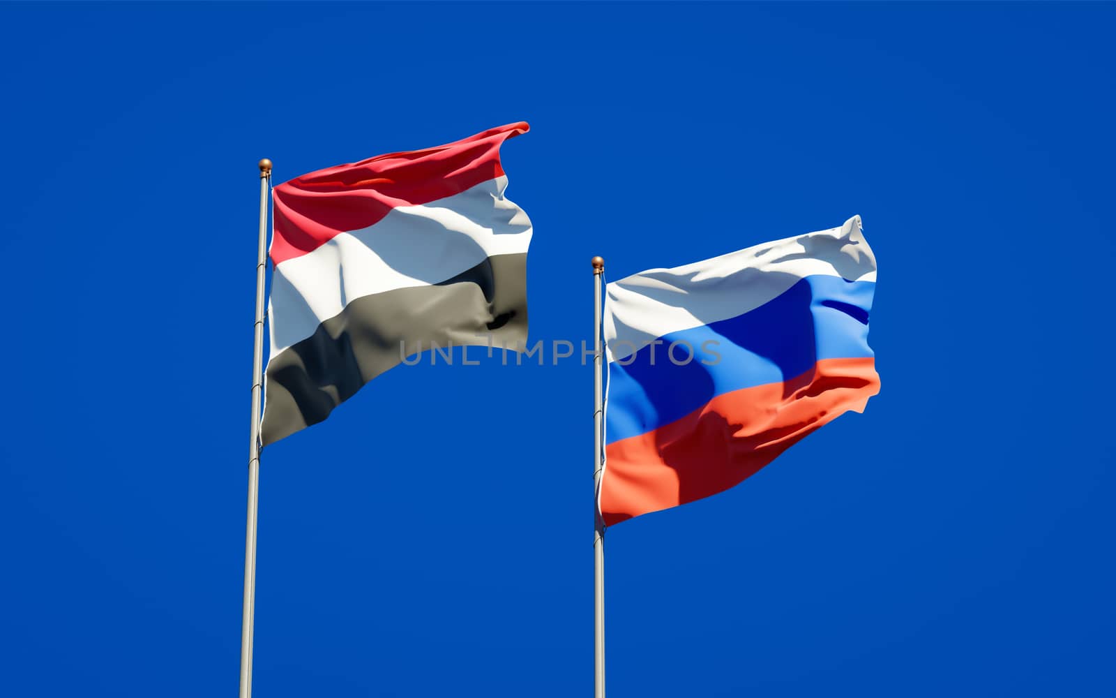 Beautiful national state flags of Yemen and Russia together at the sky background. 3D artwork concept. 