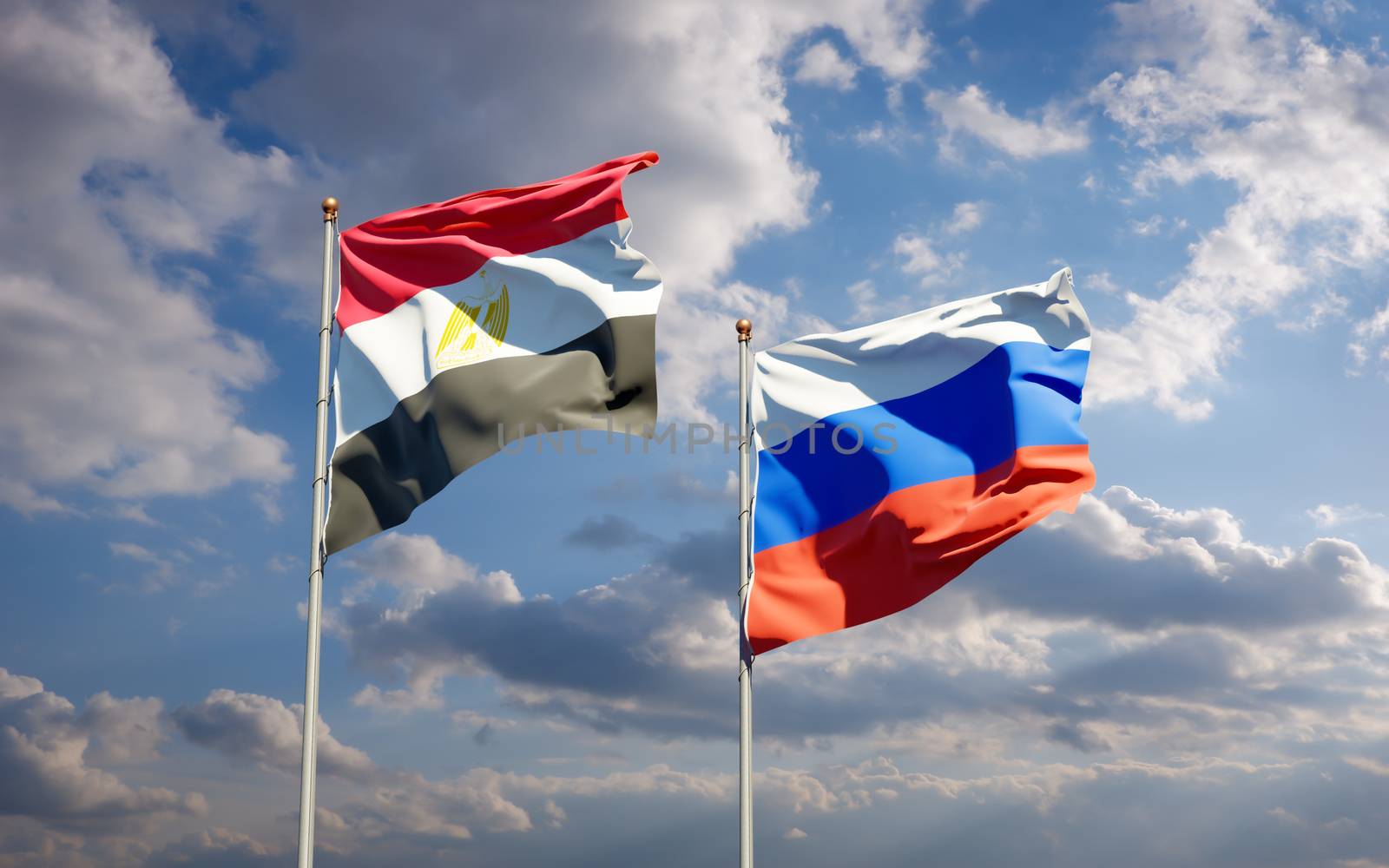 Beautiful national state flags of Egypt and Russia together at the sky background. 3D artwork concept. 