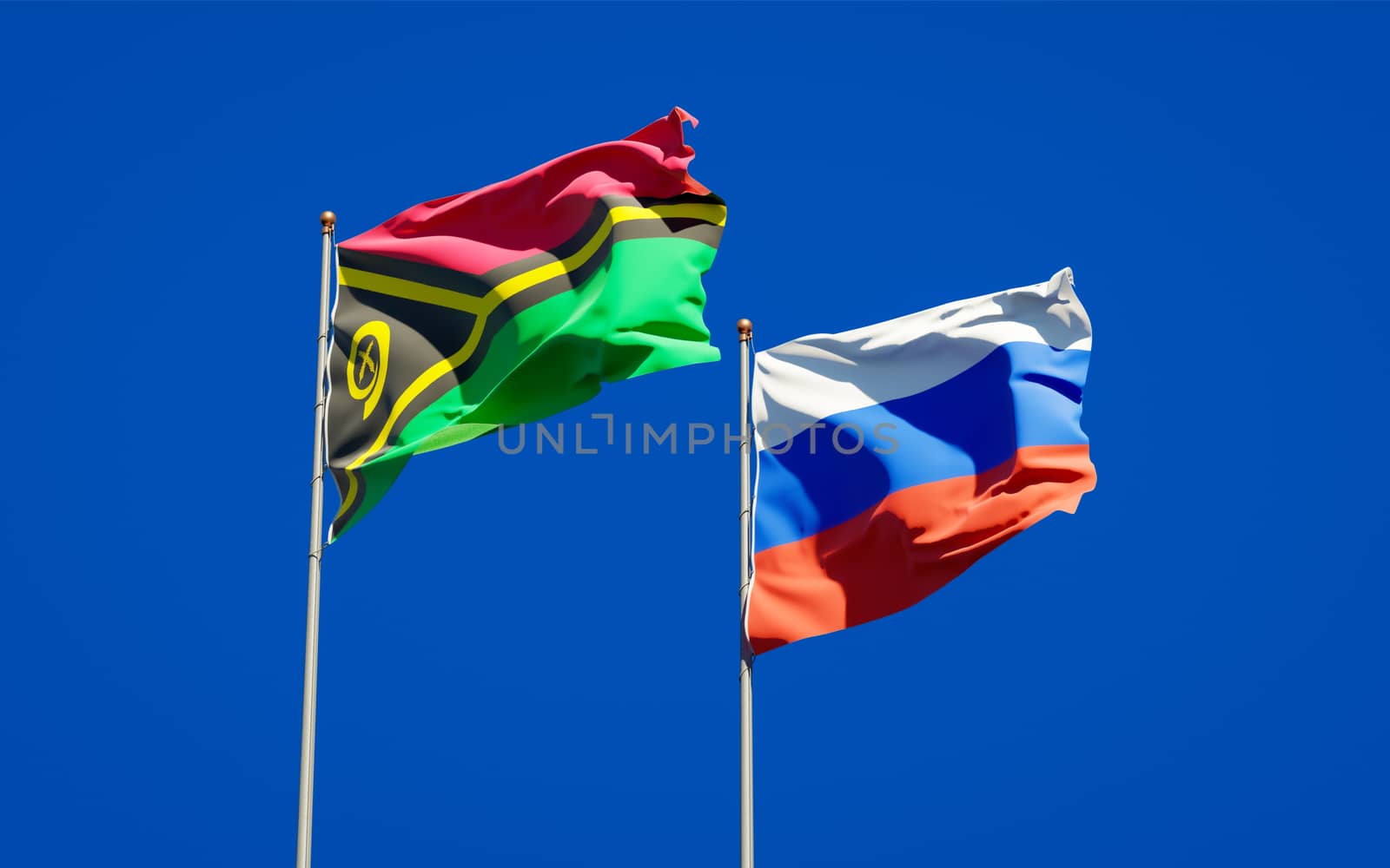 Beautiful national state flags of Vanuatu and Russia together at the sky background. 3D artwork concept. 