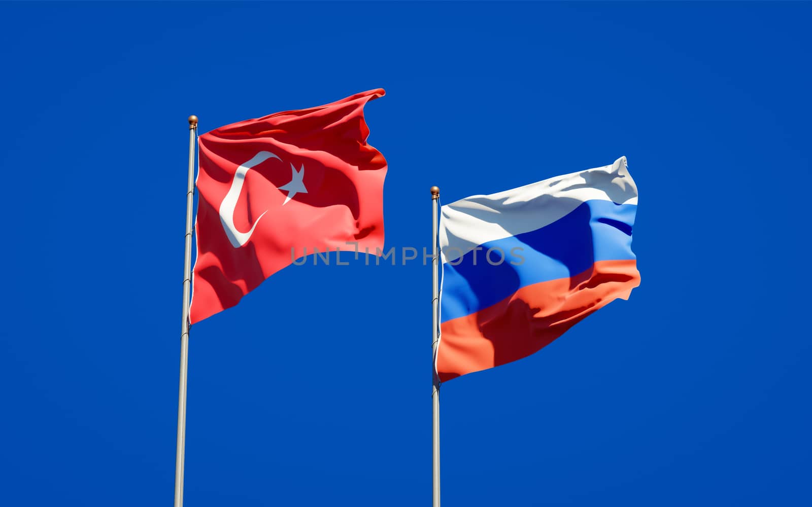 Beautiful national state flags of Turkey and Russia together at the sky background. 3D artwork concept. 