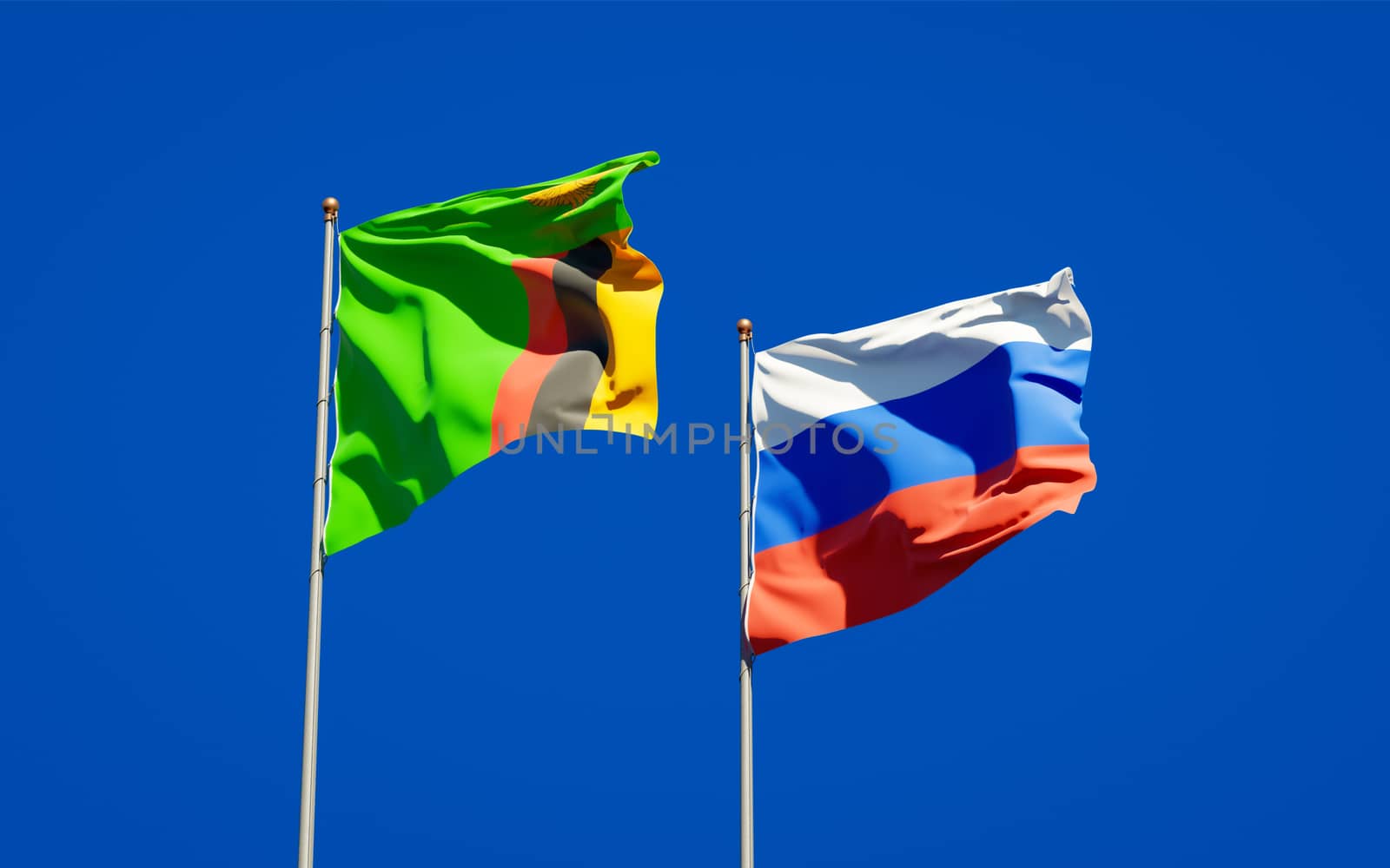 Beautiful national state flags of Zambia and Russia together at the sky background. 3D artwork concept. 