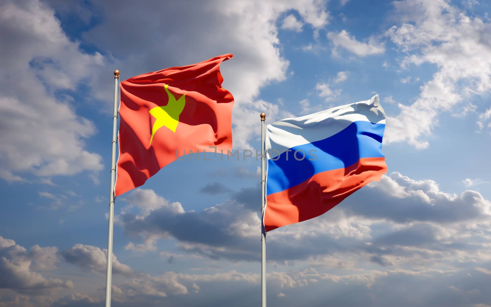 Beautiful national state flags of Vietnam and Russia together at the sky background. 3D artwork concept. 