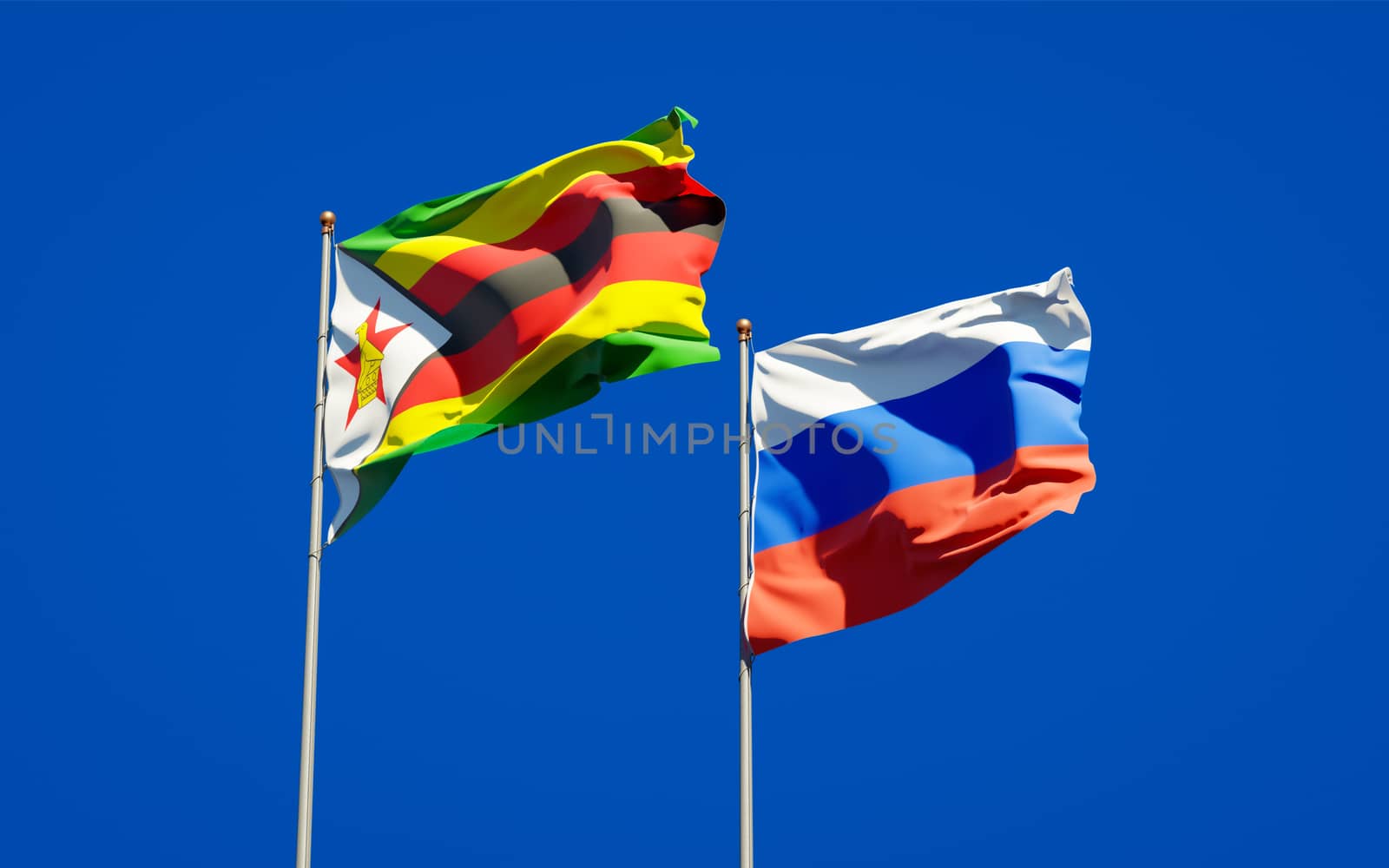 Beautiful national state flags of Zimbabwe and Russia together at the sky background. 3D artwork concept. 