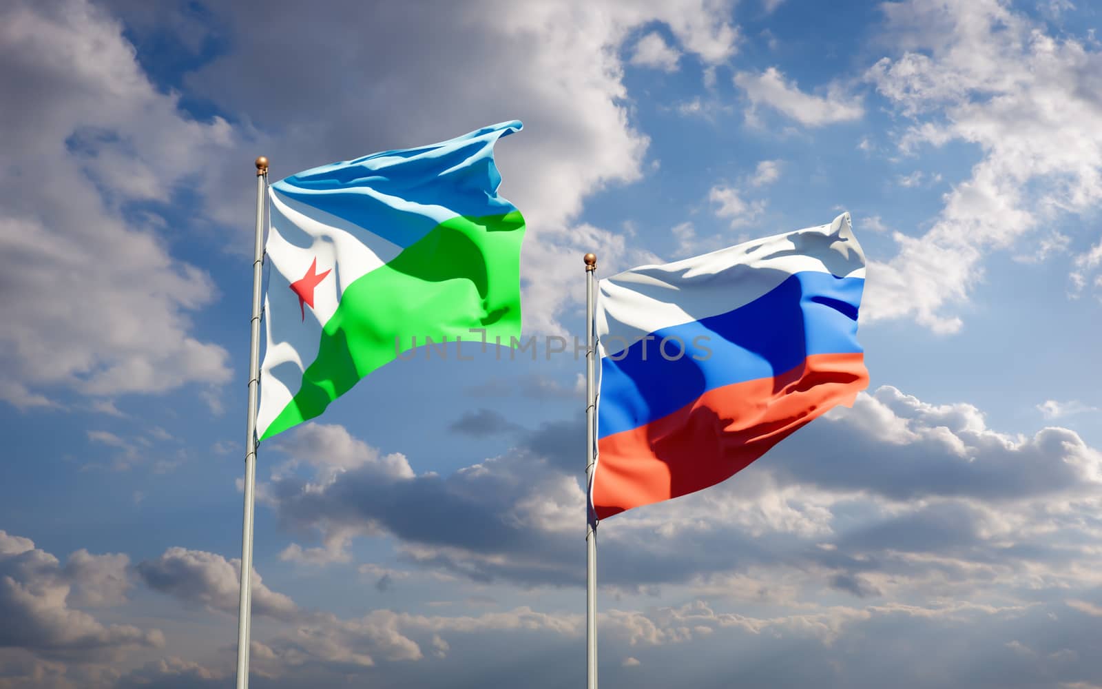 Beautiful national state flags of Djibouti and Russia together at the sky background. 3D artwork concept. 