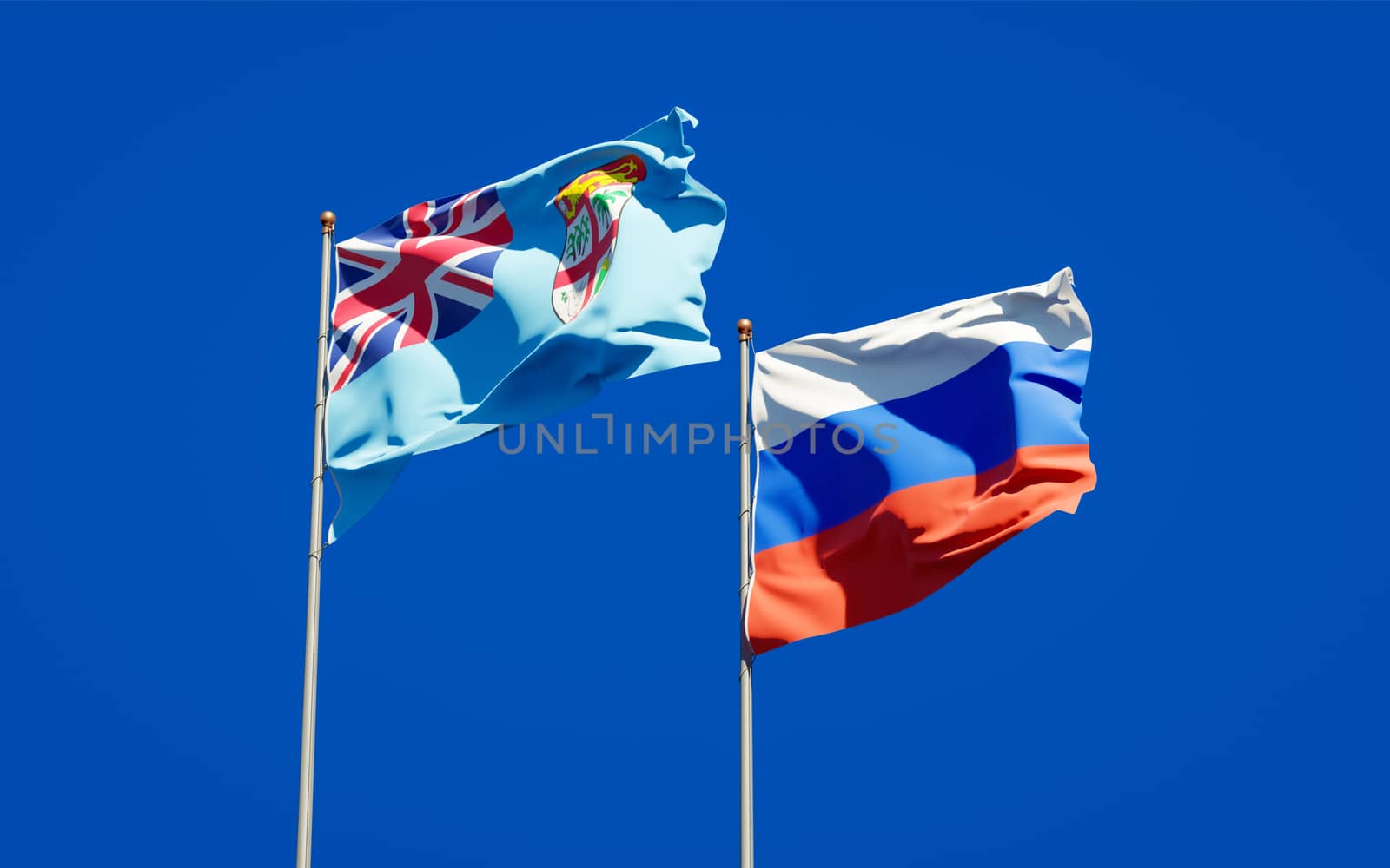 Beautiful national state flags of Fiji and Russia together at the sky background. 3D artwork concept. 
