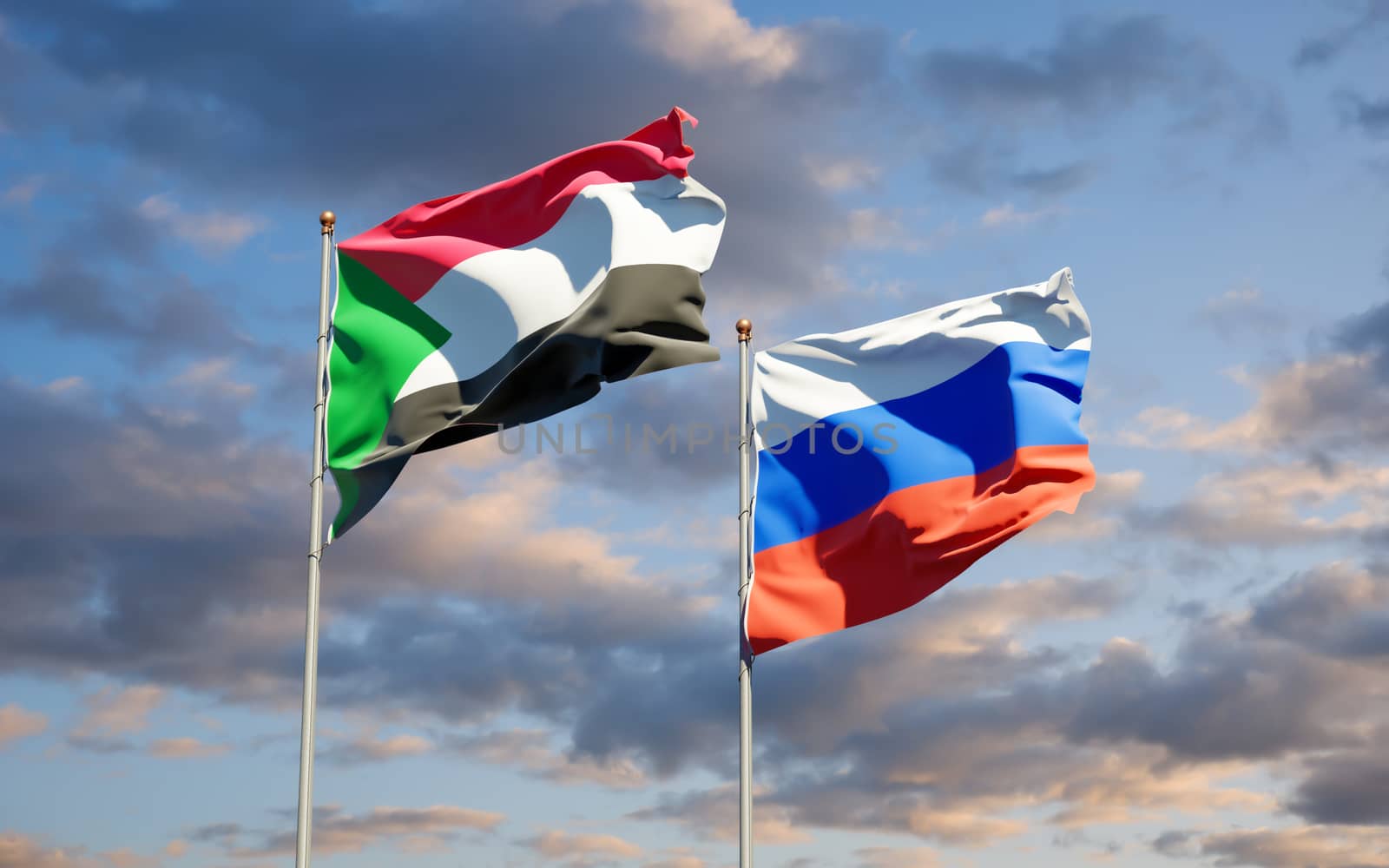 Beautiful national state flags of Sudan and Russia together at the sky background. 3D artwork concept. 