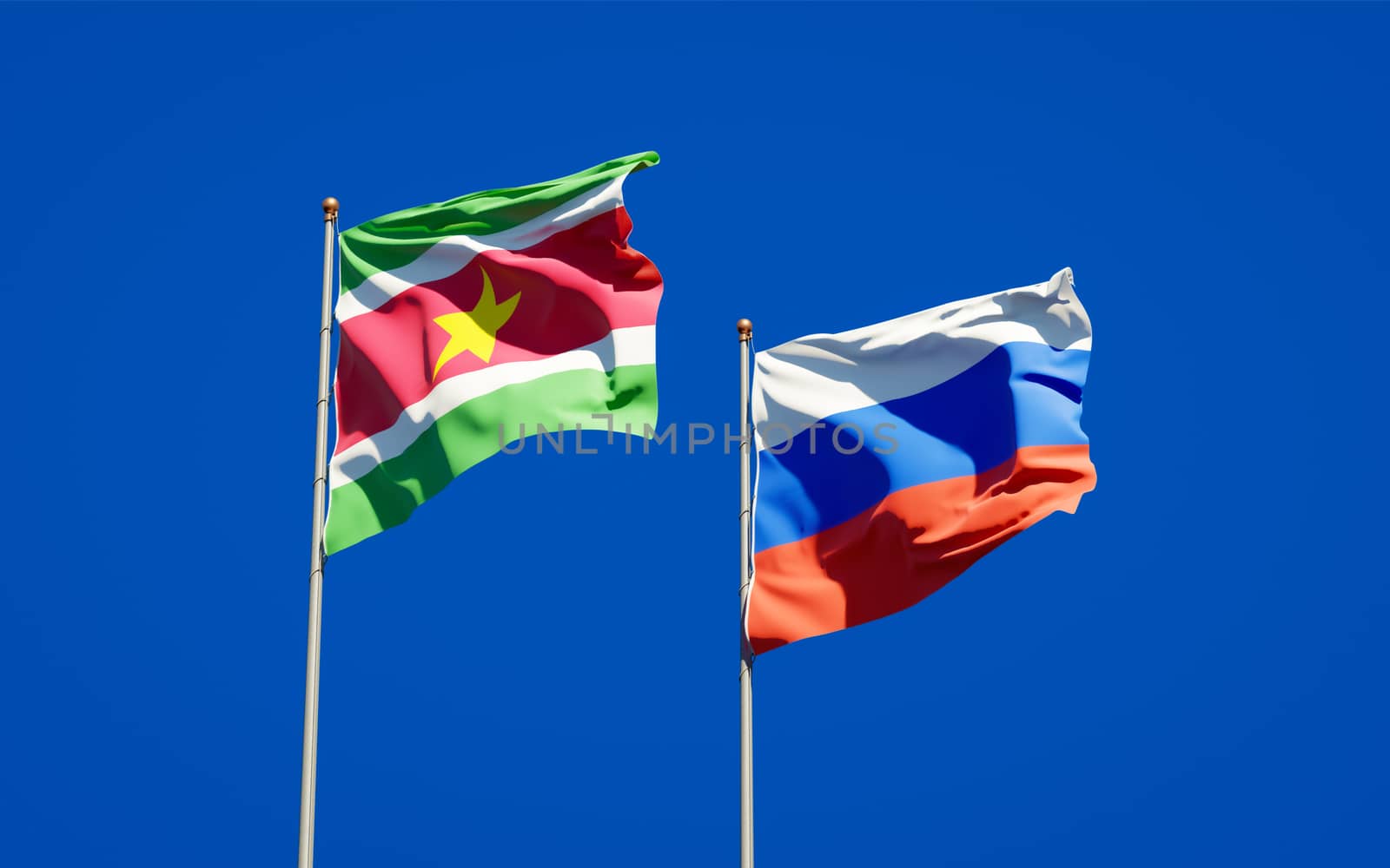 Beautiful national state flags of Suriname and Russia together at the sky background. 3D artwork concept. 