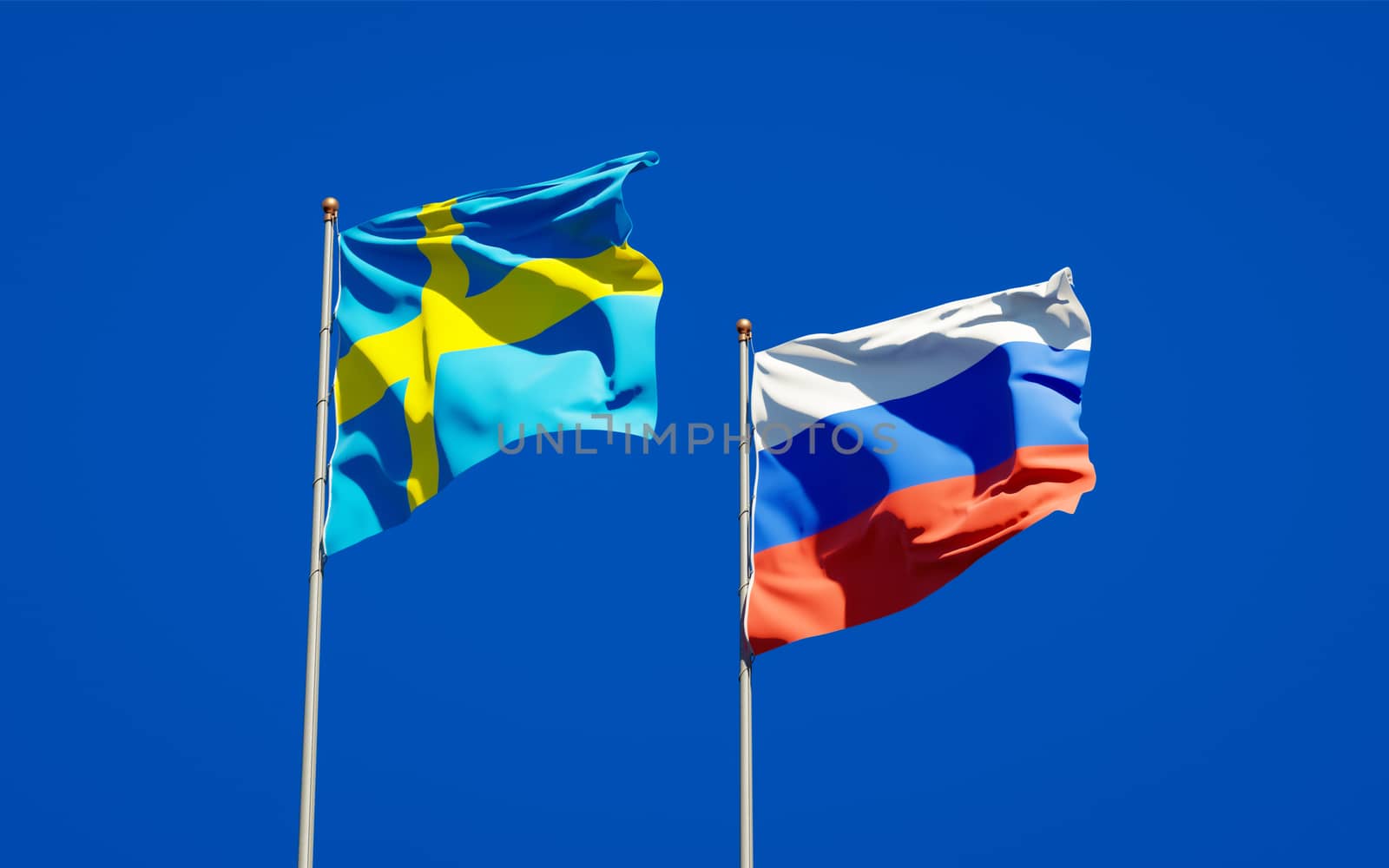 Beautiful national state flags of Sweden and Russia together at the sky background. 3D artwork concept. 