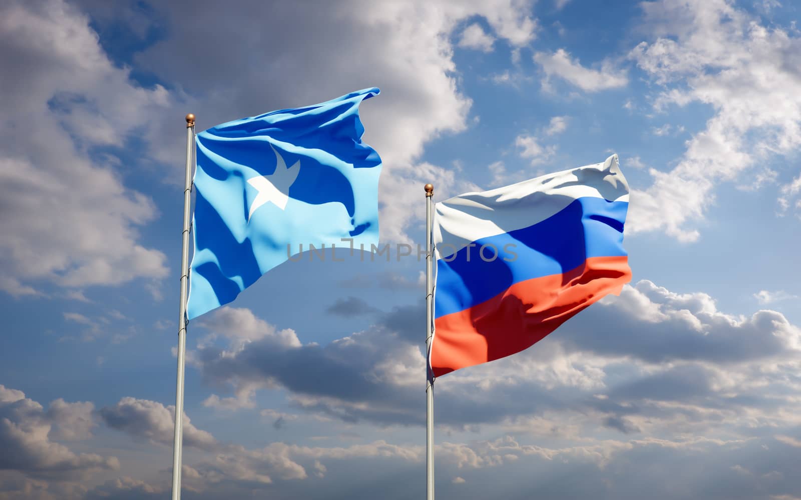 Beautiful national state flags of Somalia and Russia together at the sky background. 3D artwork concept. 