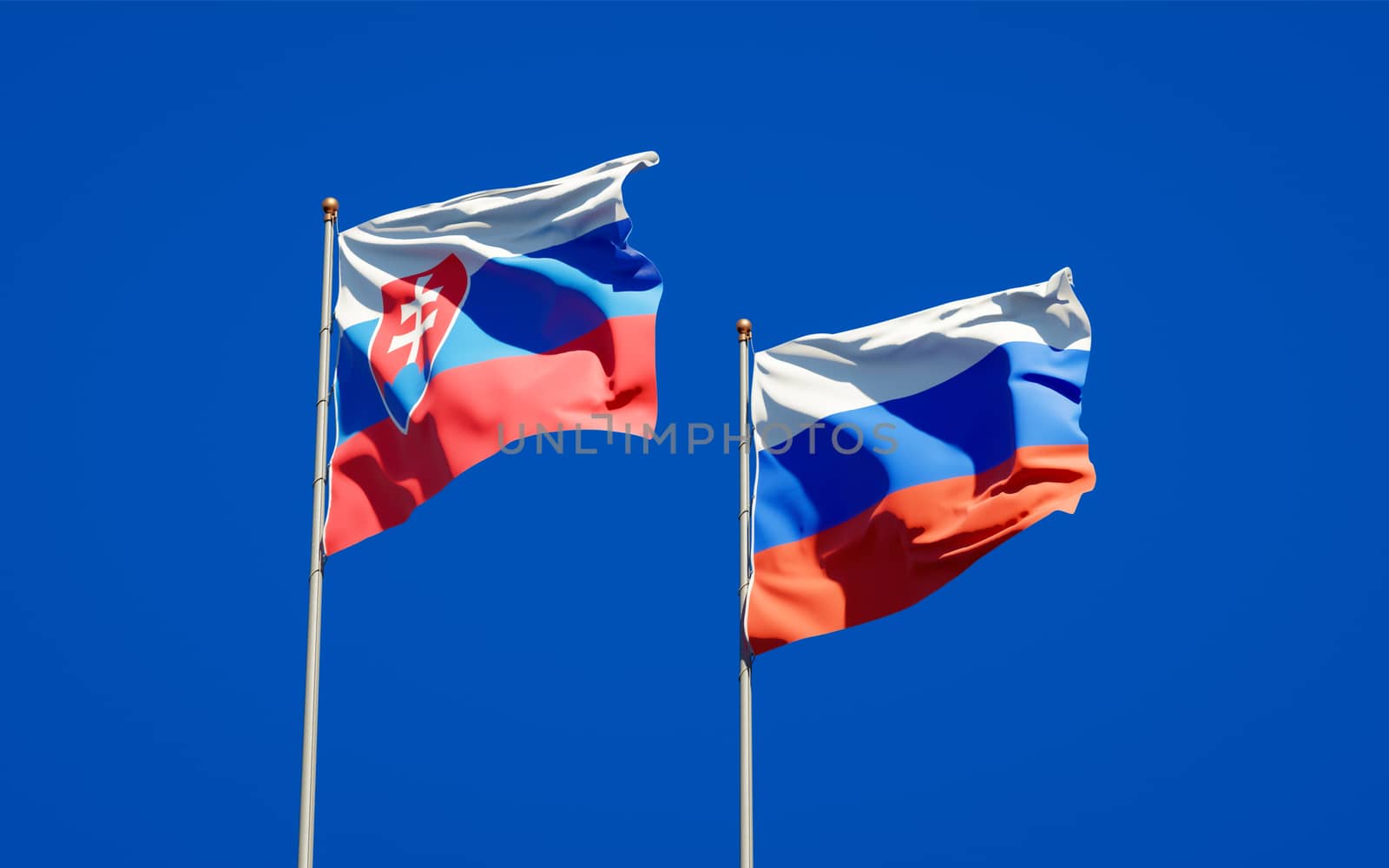 Beautiful national state flags of Slovakia and Russia together at the sky background. 3D artwork concept. 