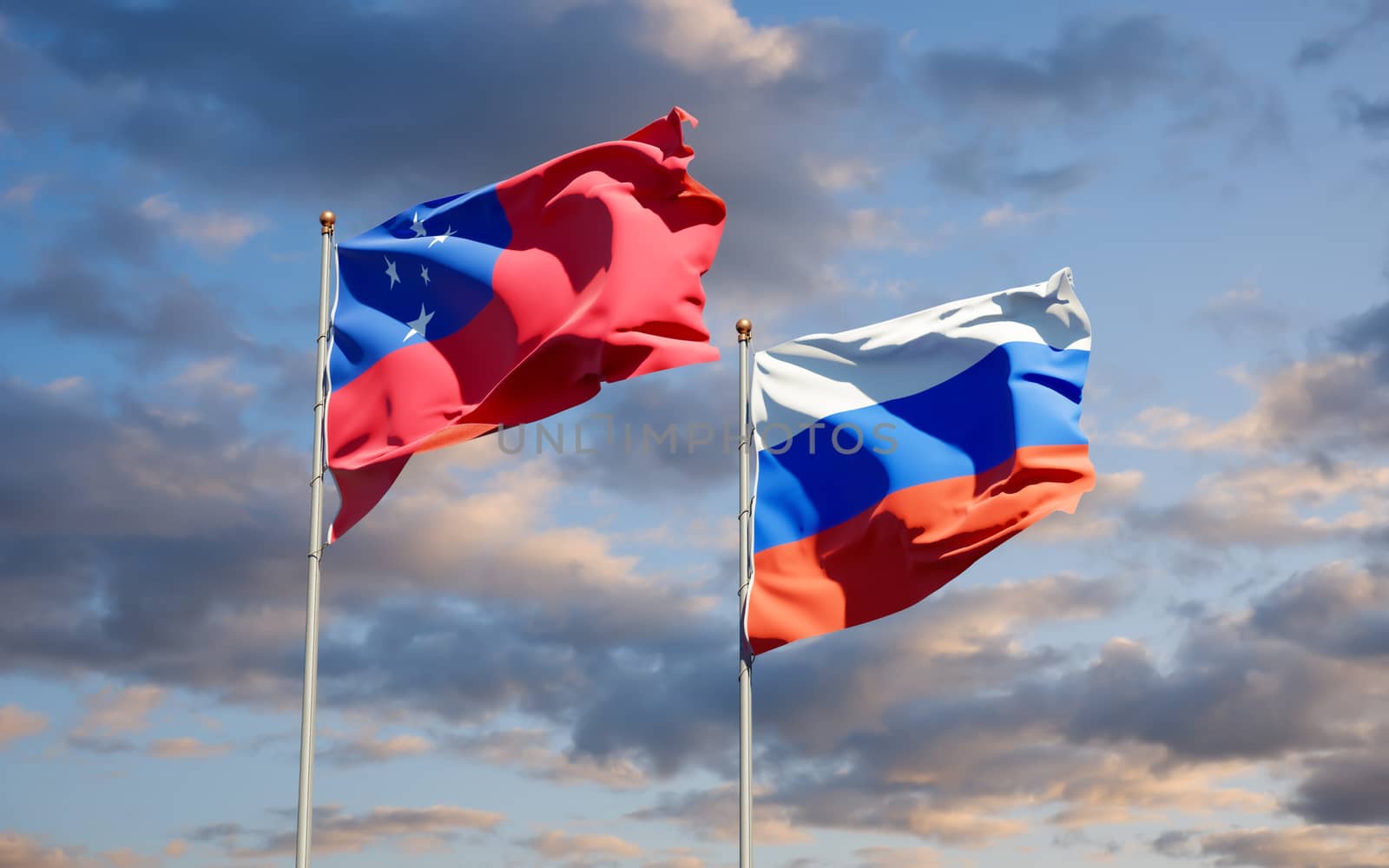 Beautiful national state flags of Samoa and Russia together at the sky background. 3D artwork concept. 
