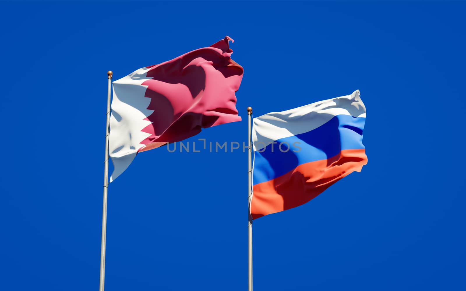 Beautiful national state flags of Qatar and Russia together at the sky background. 3D artwork concept. 