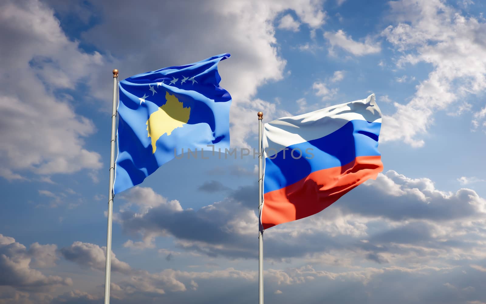 Beautiful national state flags of Kosovo and Russia together at the sky background. 3D artwork concept. 