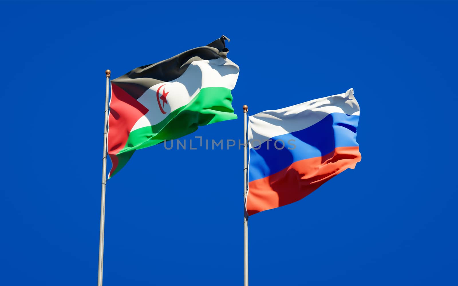 Beautiful national state flags of Sahrawi and Russia together at the sky background. 3D artwork concept. 