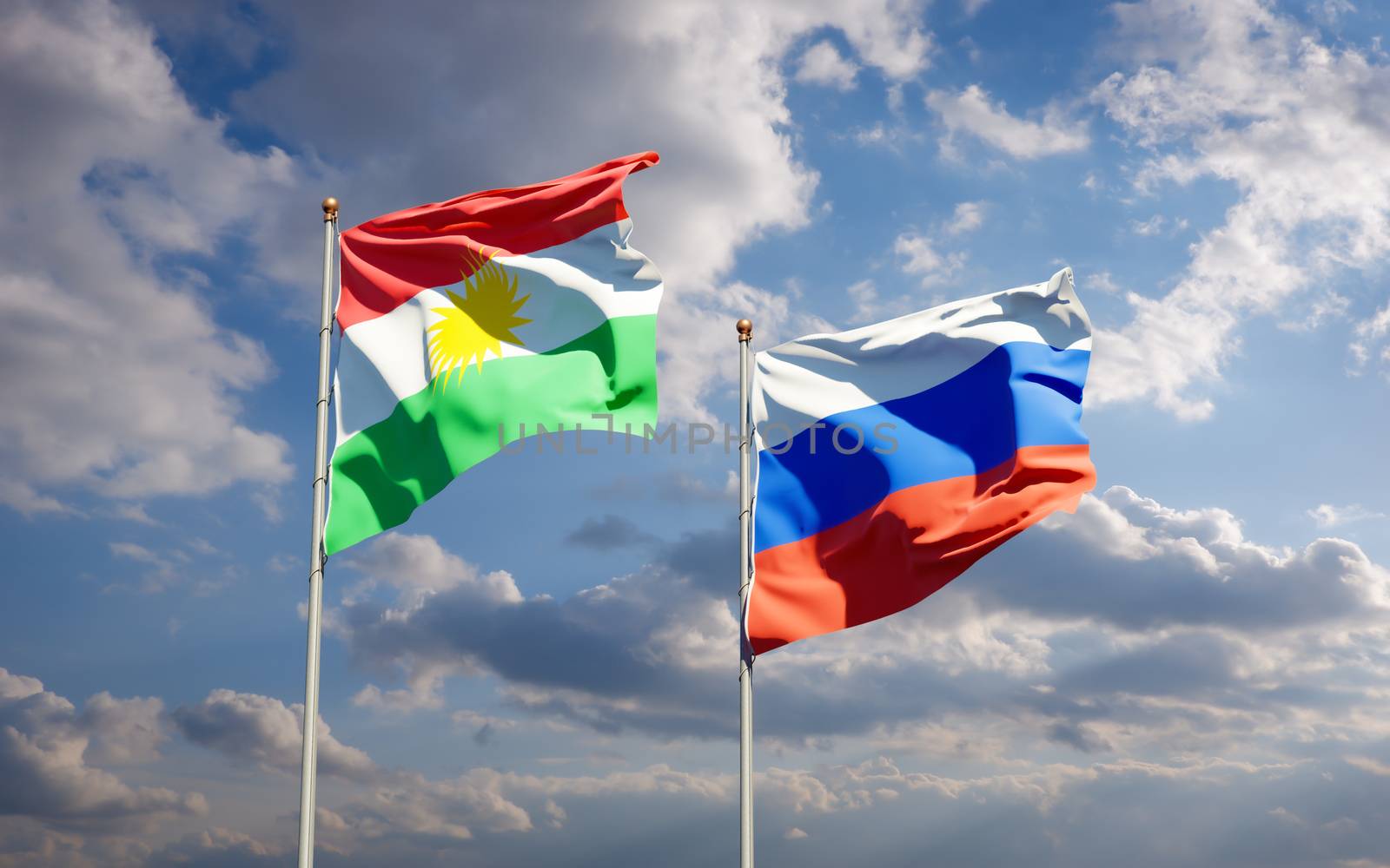 Beautiful national state flags of Kurdistan and Russia together at the sky background. 3D artwork concept. 