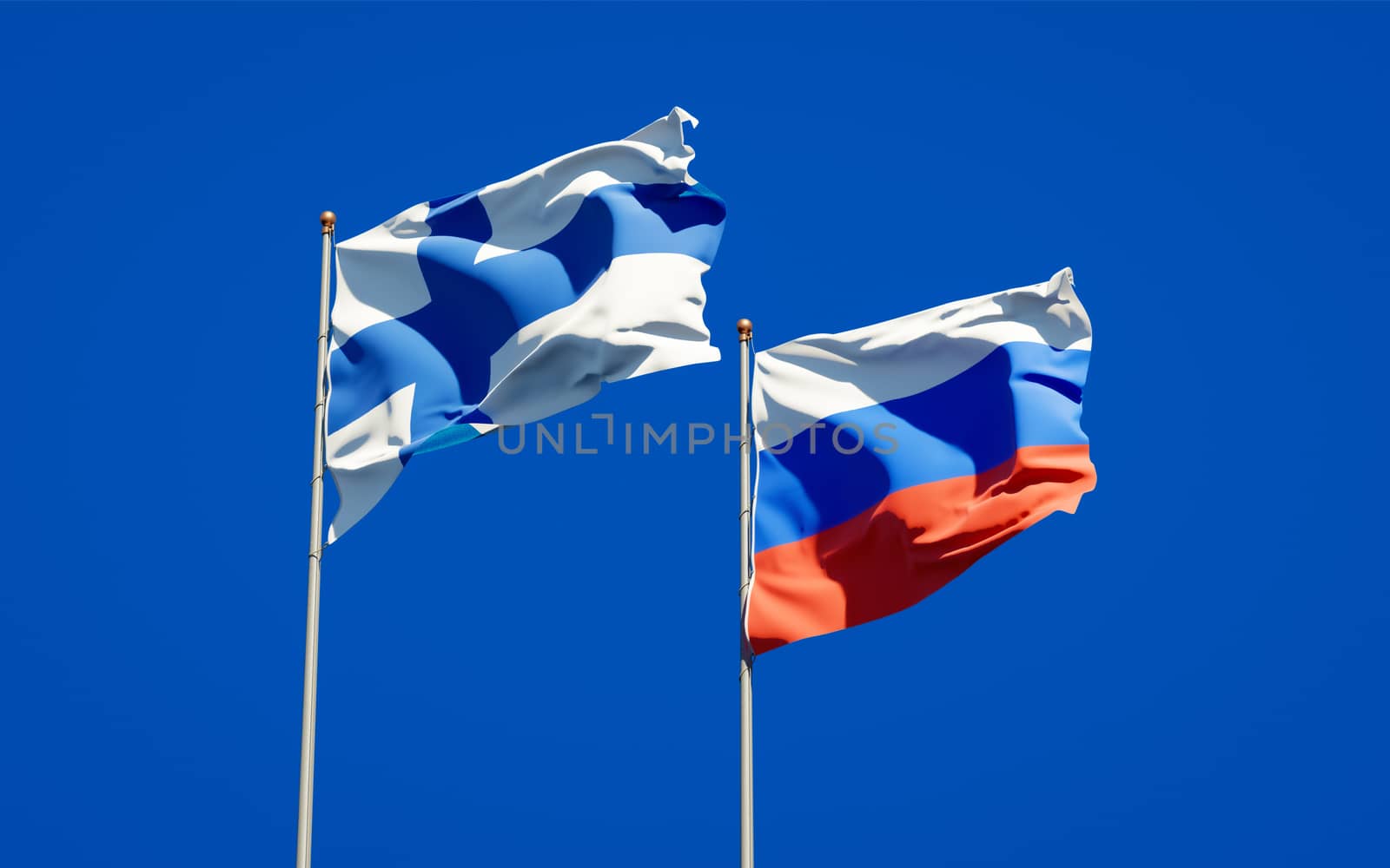 Beautiful national state flags of Finland and Russia together at the sky background. 3D artwork concept. 