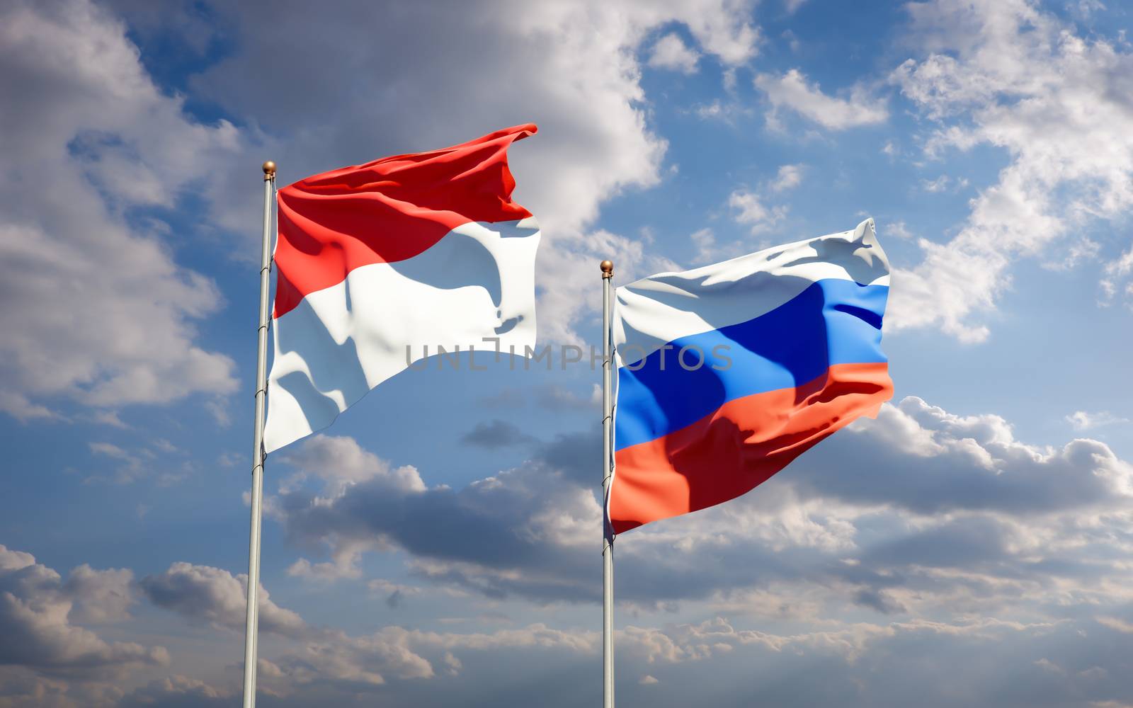 Beautiful national state flags of Nigeria and Russia together at the sky background. 3D artwork concept. 