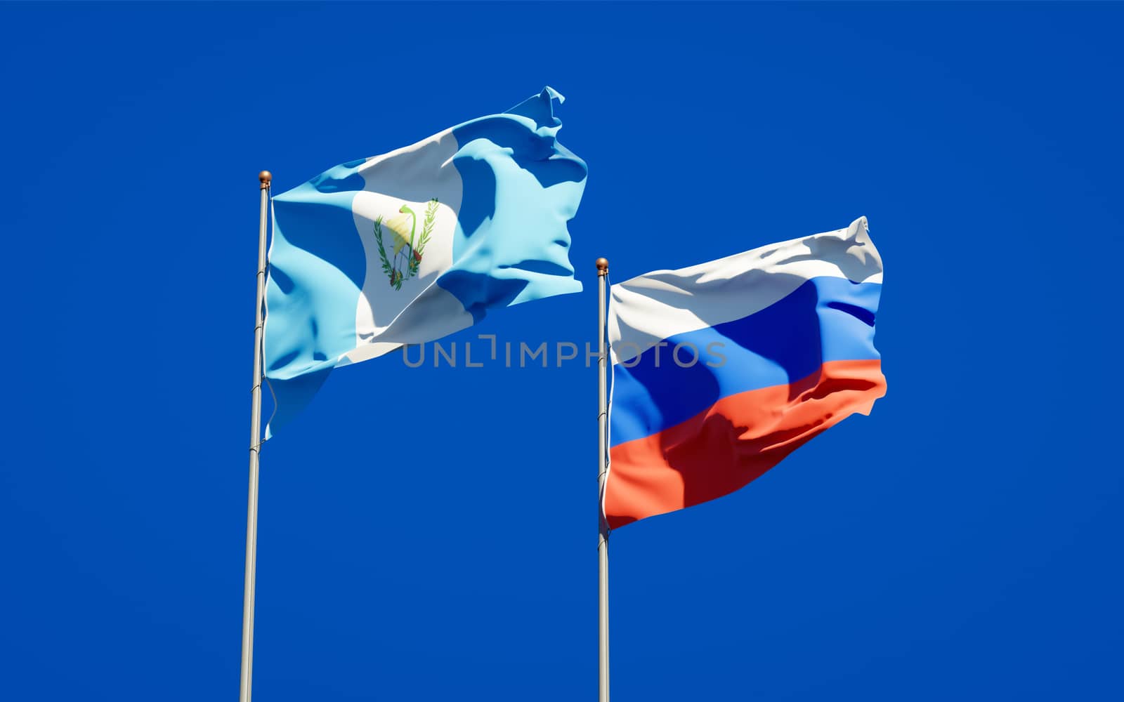 Beautiful national state flags of Guatemala and Russia together at the sky background. 3D artwork concept. 
