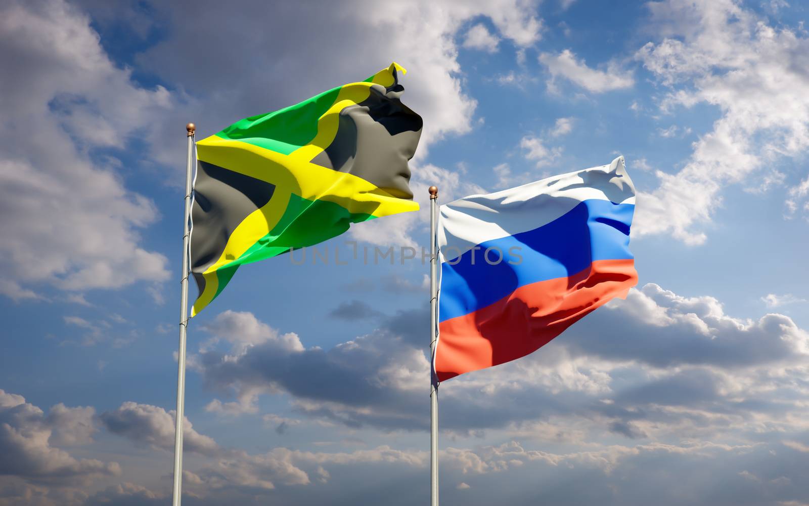 Beautiful national state flags of Jamaica and Russia together at the sky background. 3D artwork concept. 