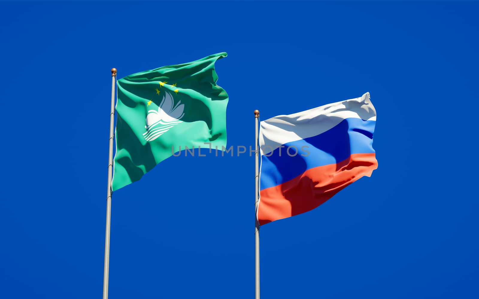 Beautiful national state flags of Macao and Russia together at the sky background. 3D artwork concept. 