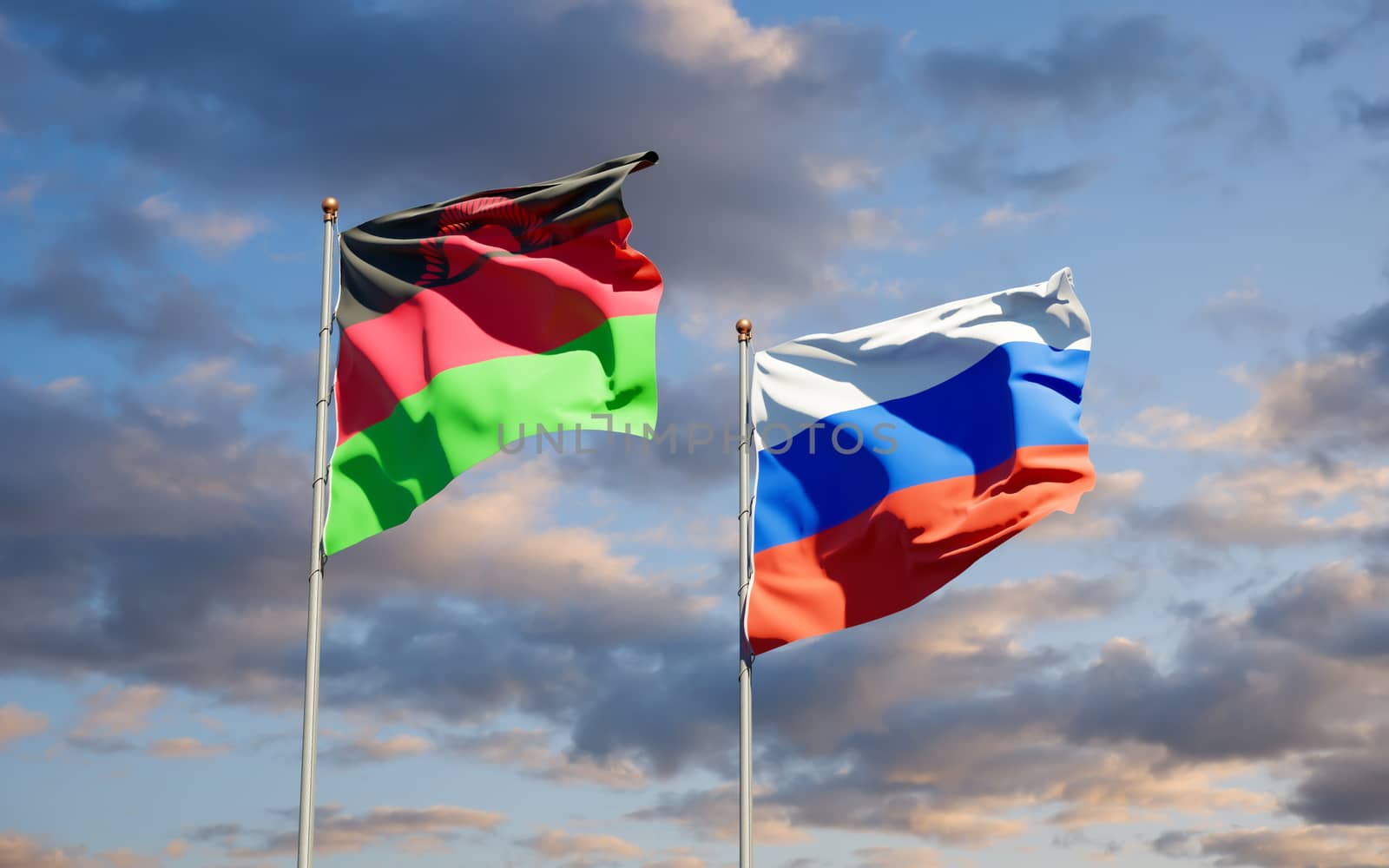 Beautiful national state flags of Malawi and Russia together at the sky background. 3D artwork concept. 