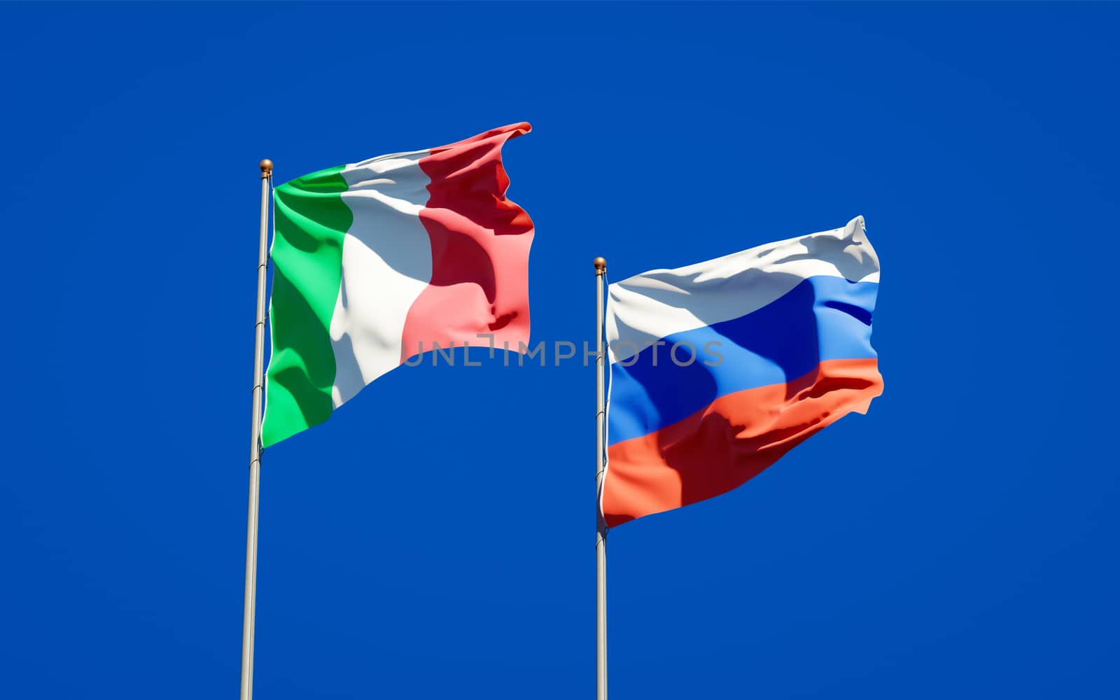 Beautiful national state flags of Italy and Russia together at the sky background. 3D artwork concept. 