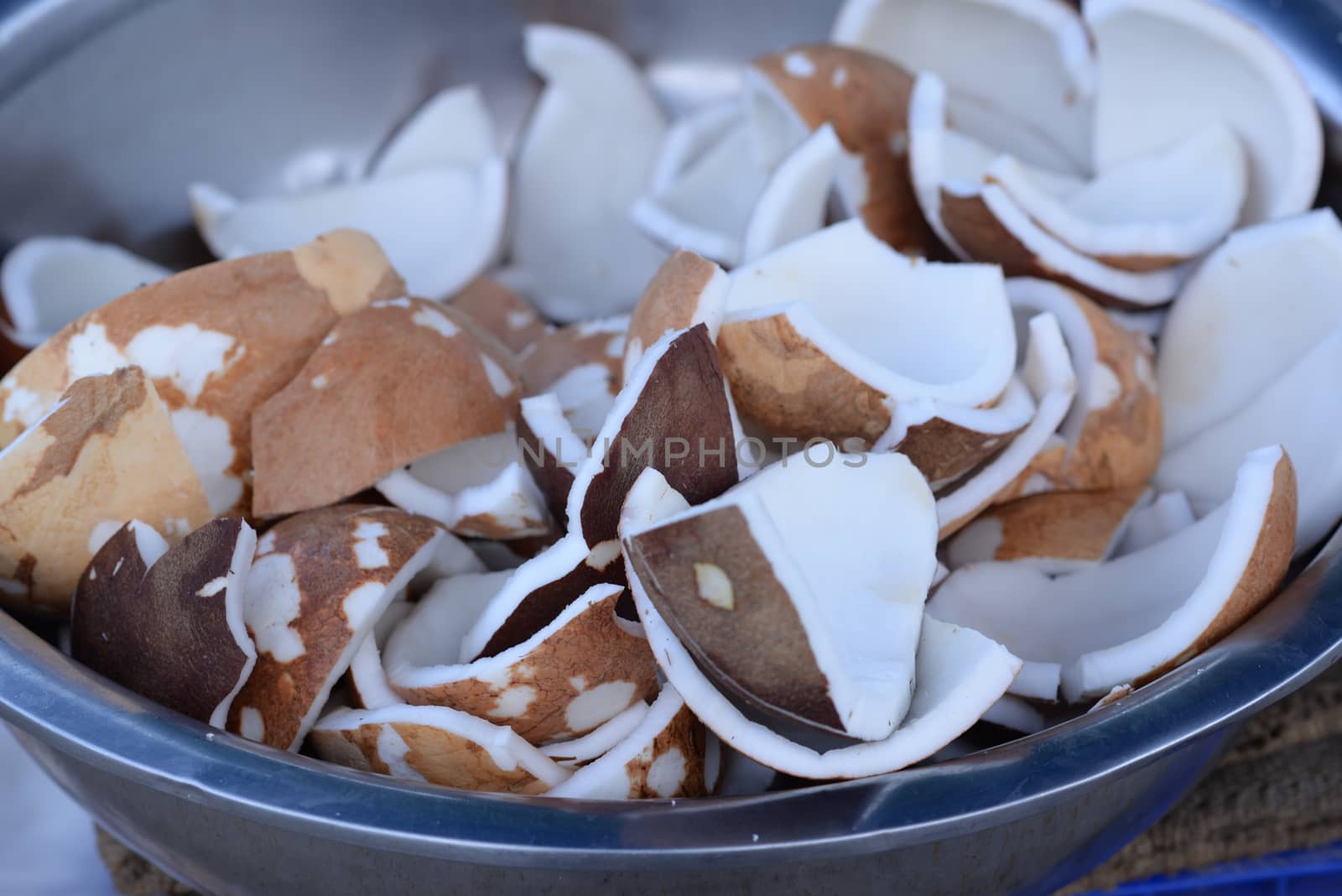 Mature coconut meat Peeled Contained in a stainless steel basin