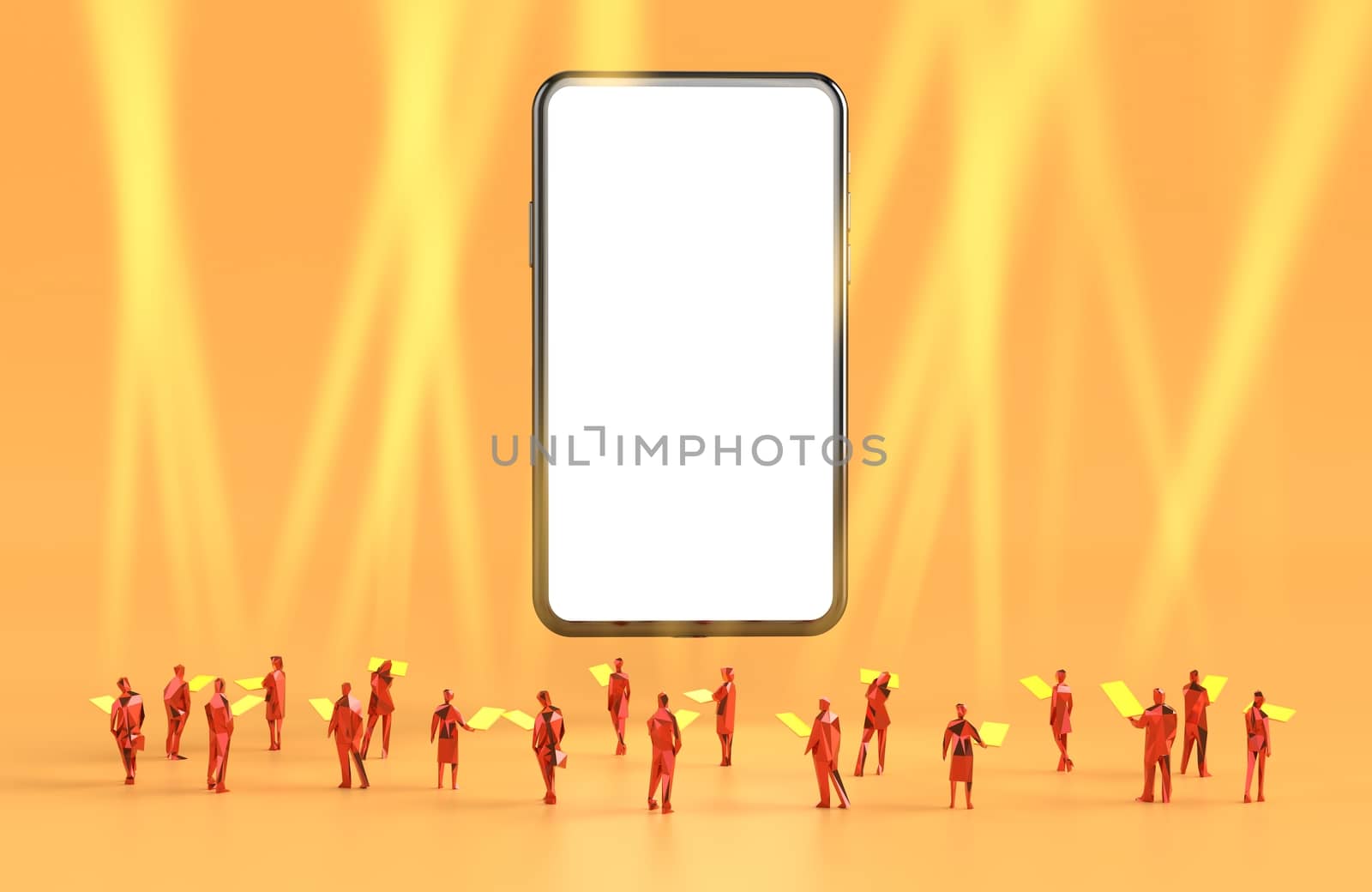 smartphone with a white screen for copy space. graphic of people looks at the smartphone screen. spotlight fog from mobile to in the air. in the orange background. news report concept. 3d illustration