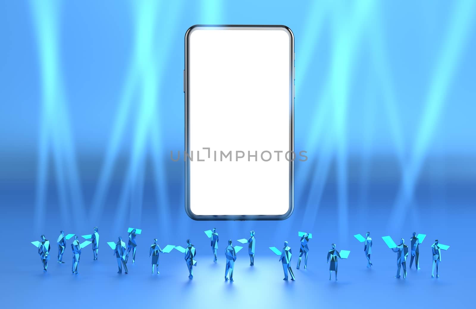 smartphone with a white screen for copy space. graphic of people looks at the smartphone screen. spotlight fog from mobile to in the air. in the blue background. news report concept. 3d illustrator