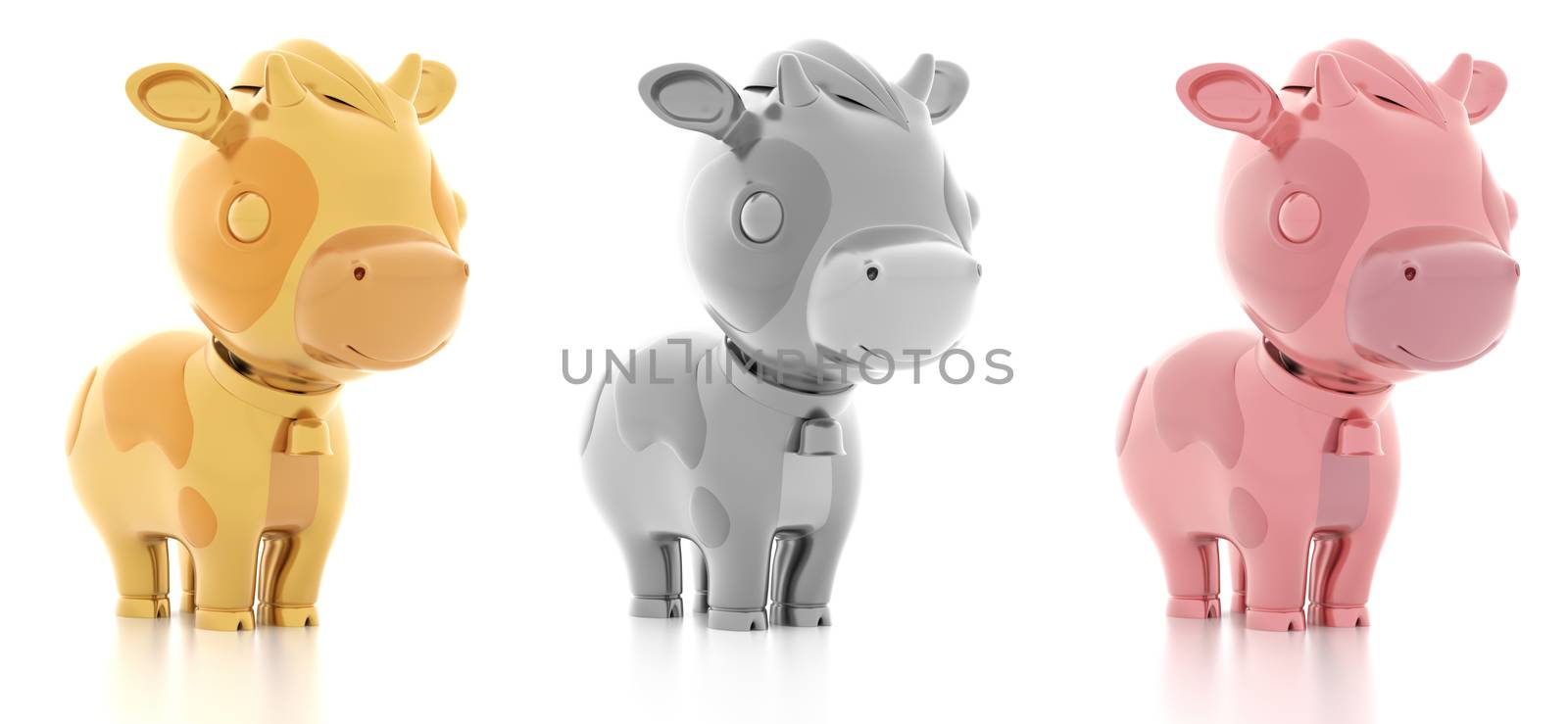 golden silver pink gold smile baby cute cow on white background. ox character new year 2021 concept. shiny material concept design. horoscope fortune gift. 3d illustrator. The clipping path includes.